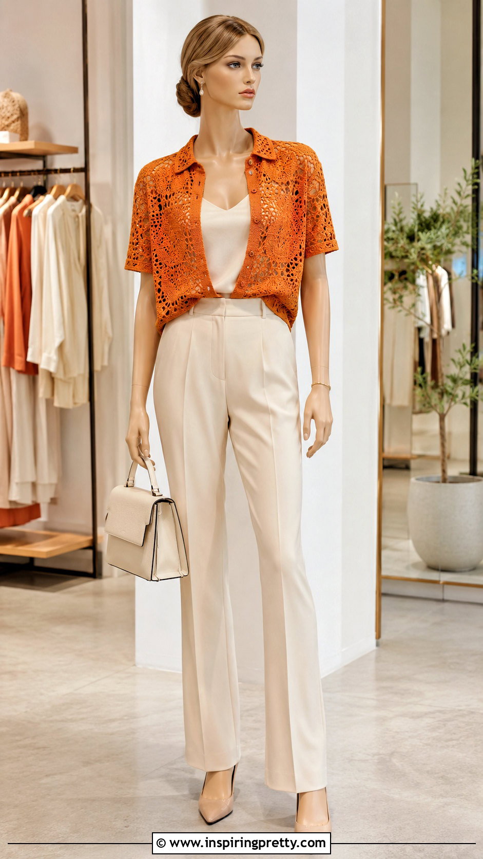 Orange Crochet Top With Cream Suit Trousers - 20 orange crochet top on mannequin outfit ideas