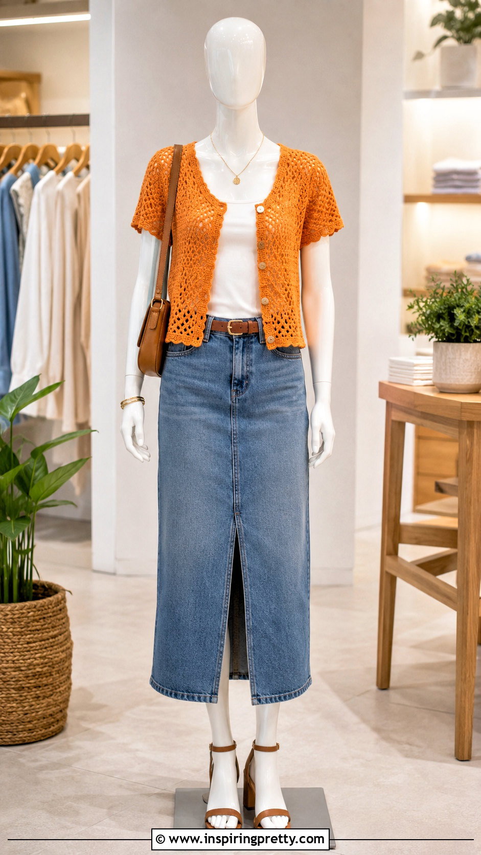 Orange Crochet Top With Denim Midi Skirt - 20 orange crochet top on mannequin outfit ideas