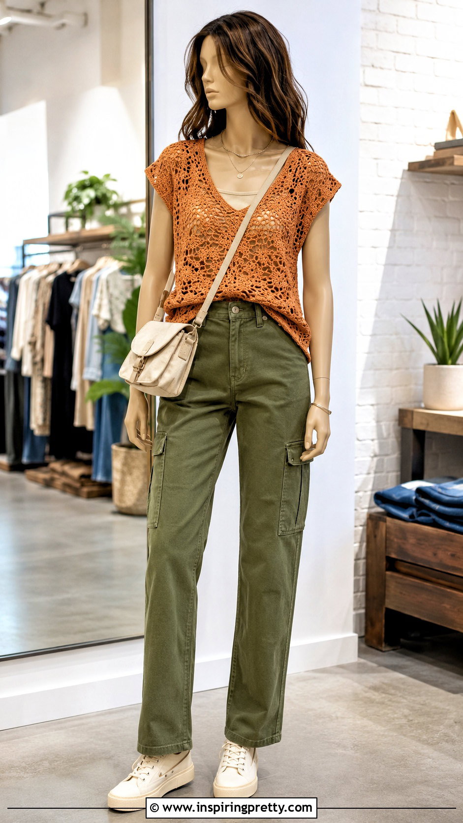 Orange Crochet Top With Olive Cargo Pants - 20 orange crochet top on mannequin outfit ideas