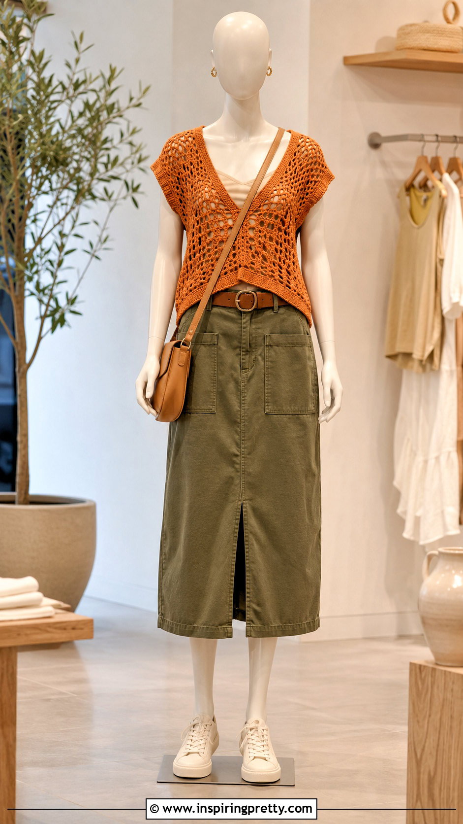Orange Crochet Top With Olive Utility Skirt - 20 orange crochet top on mannequin outfit ideas