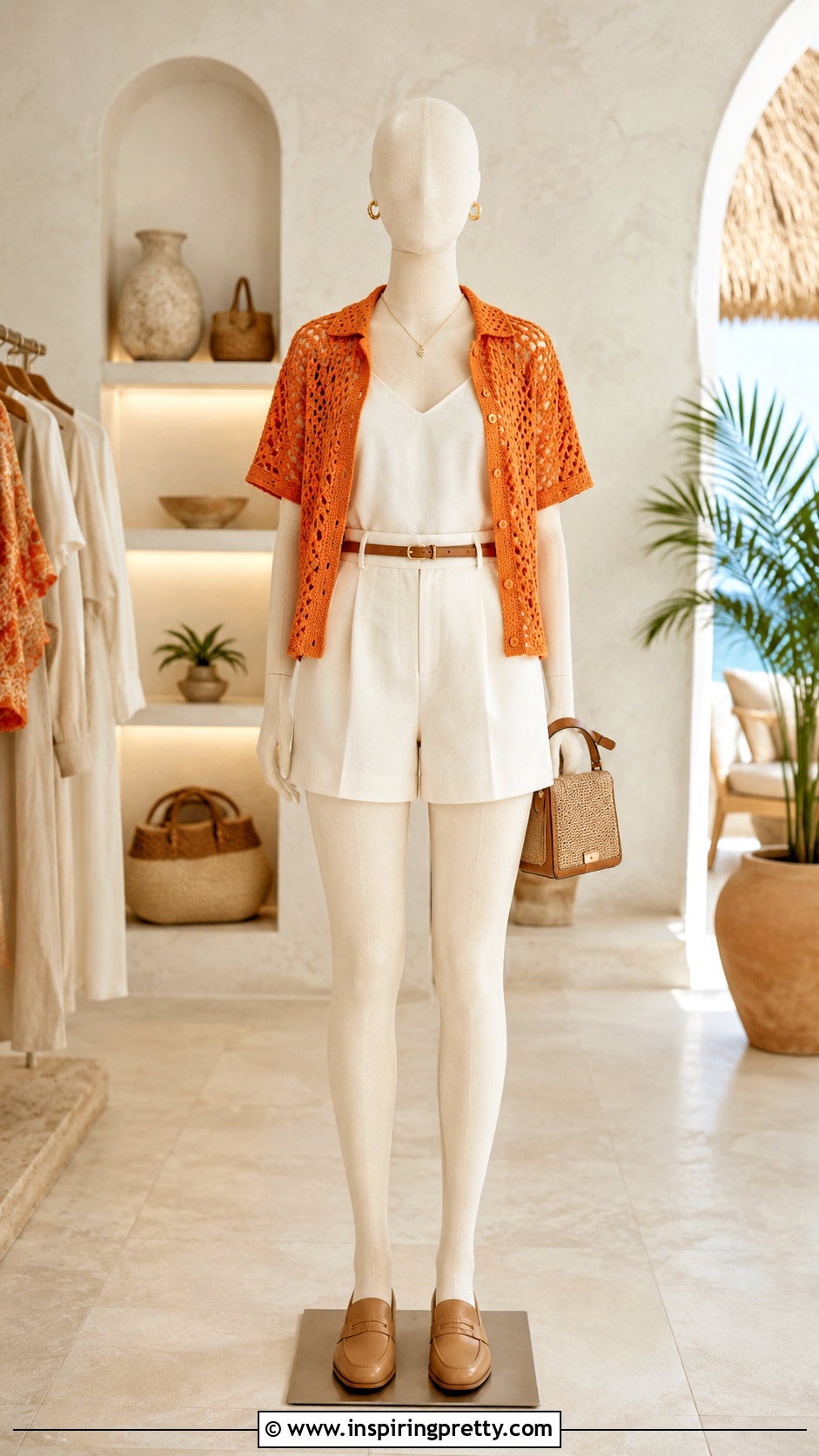 Orange Crochet Top With Tailored Shorts - 20 orange crochet top on mannequin outfit ideas