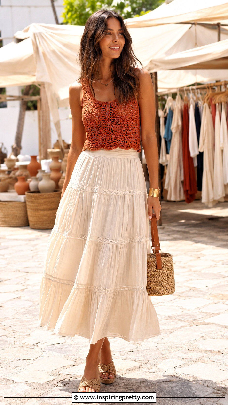 Orange Crochet Top With Tiered Maxi Skirt - 50 crochet tops aesthetic