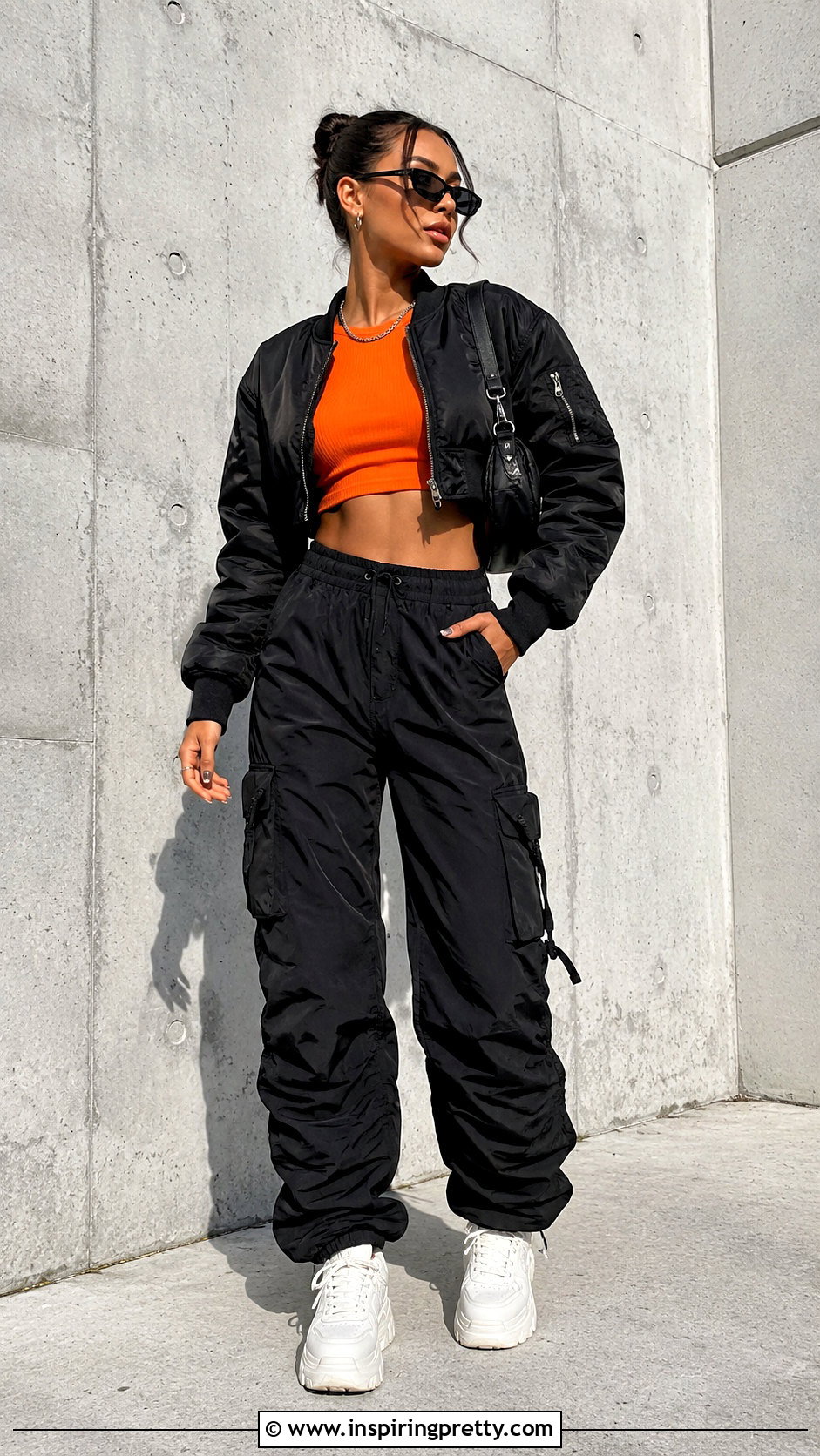 Orange Crop Top With Black Cargo Pants - 50 orange crop top outfit ideas