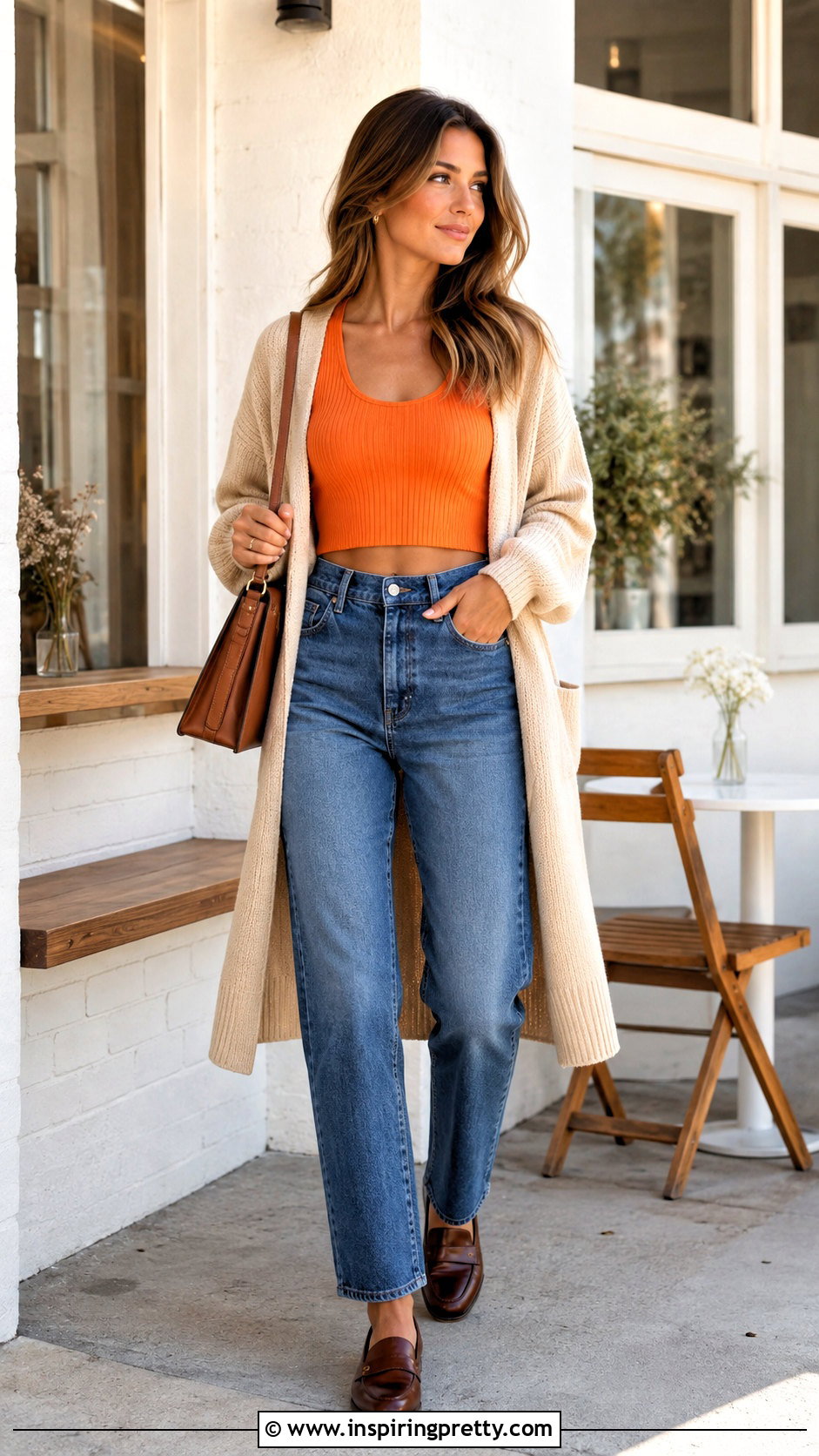 Orange Crop Top With Cardigan And Jeans - 50 orange crop top outfit ideas