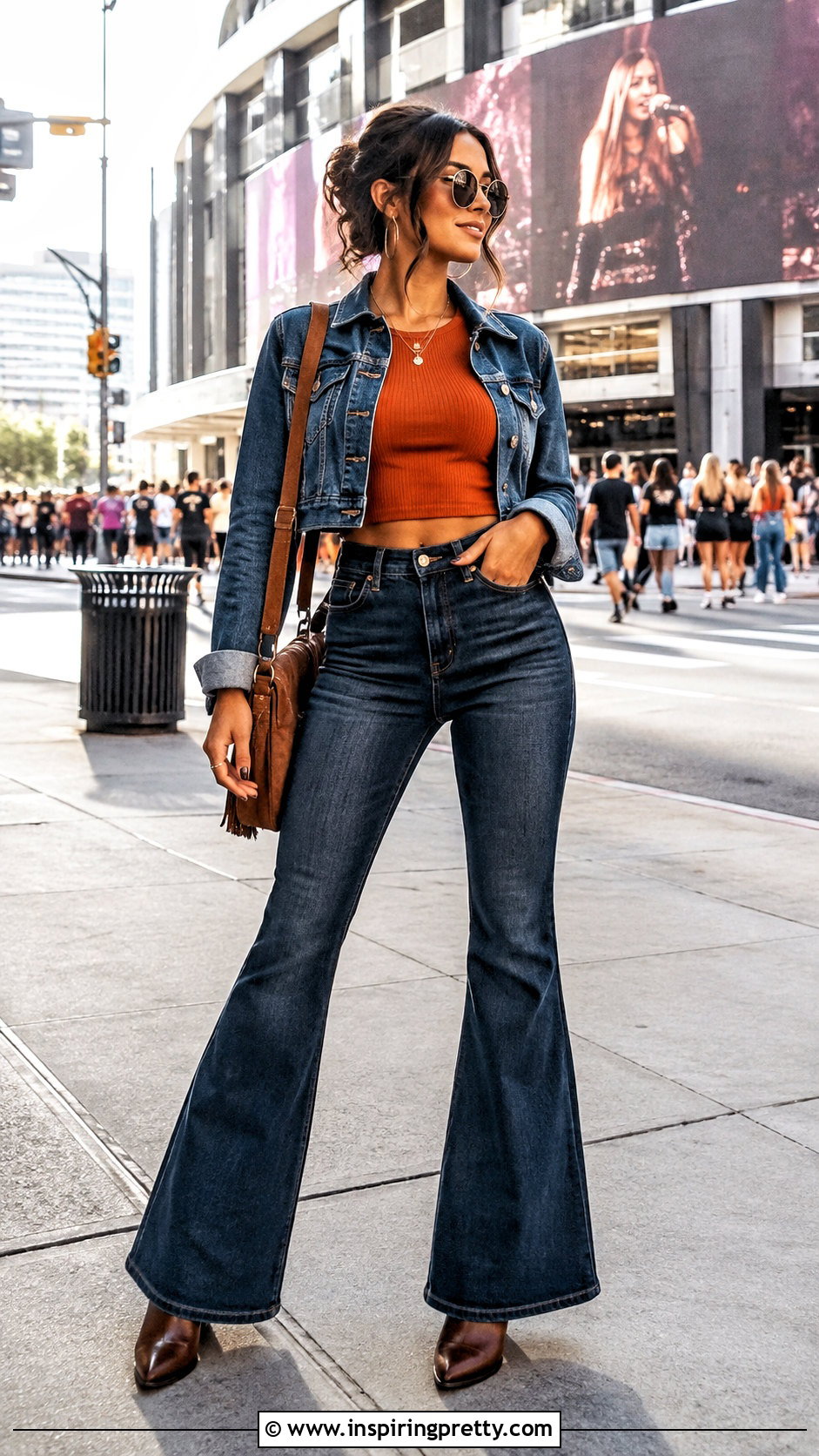 Orange Crop Top With Flare Jeans - 50 orange crop top outfit ideas