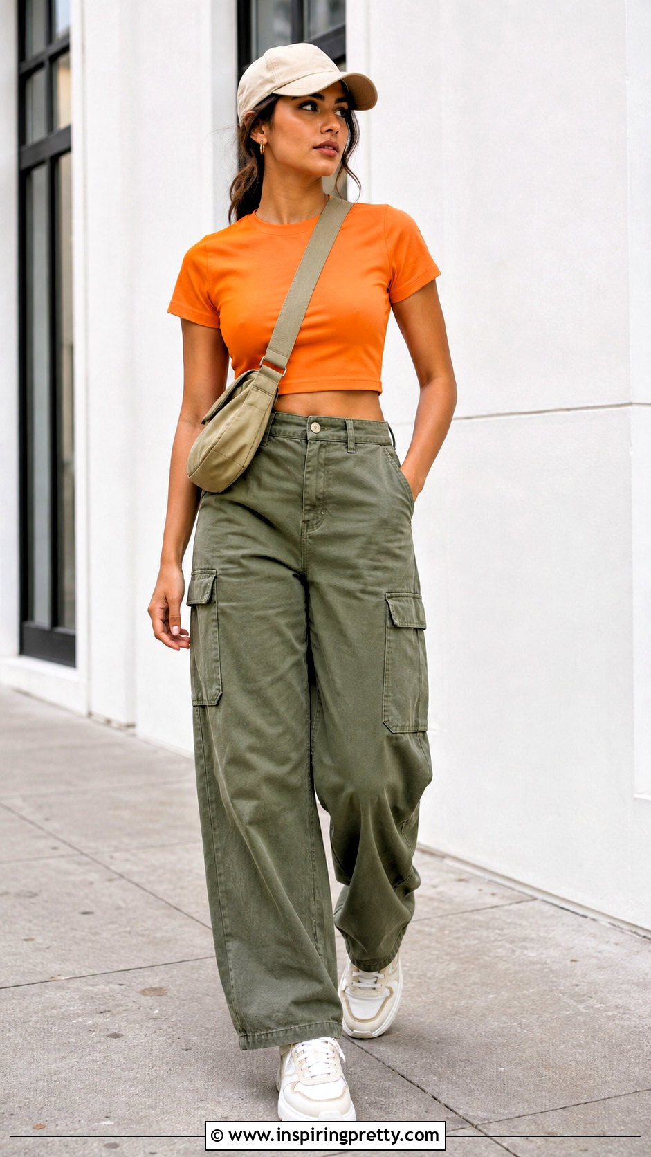 Orange Crop Top With Olive Cargo Pants - 25 casual orange top outfit ideas