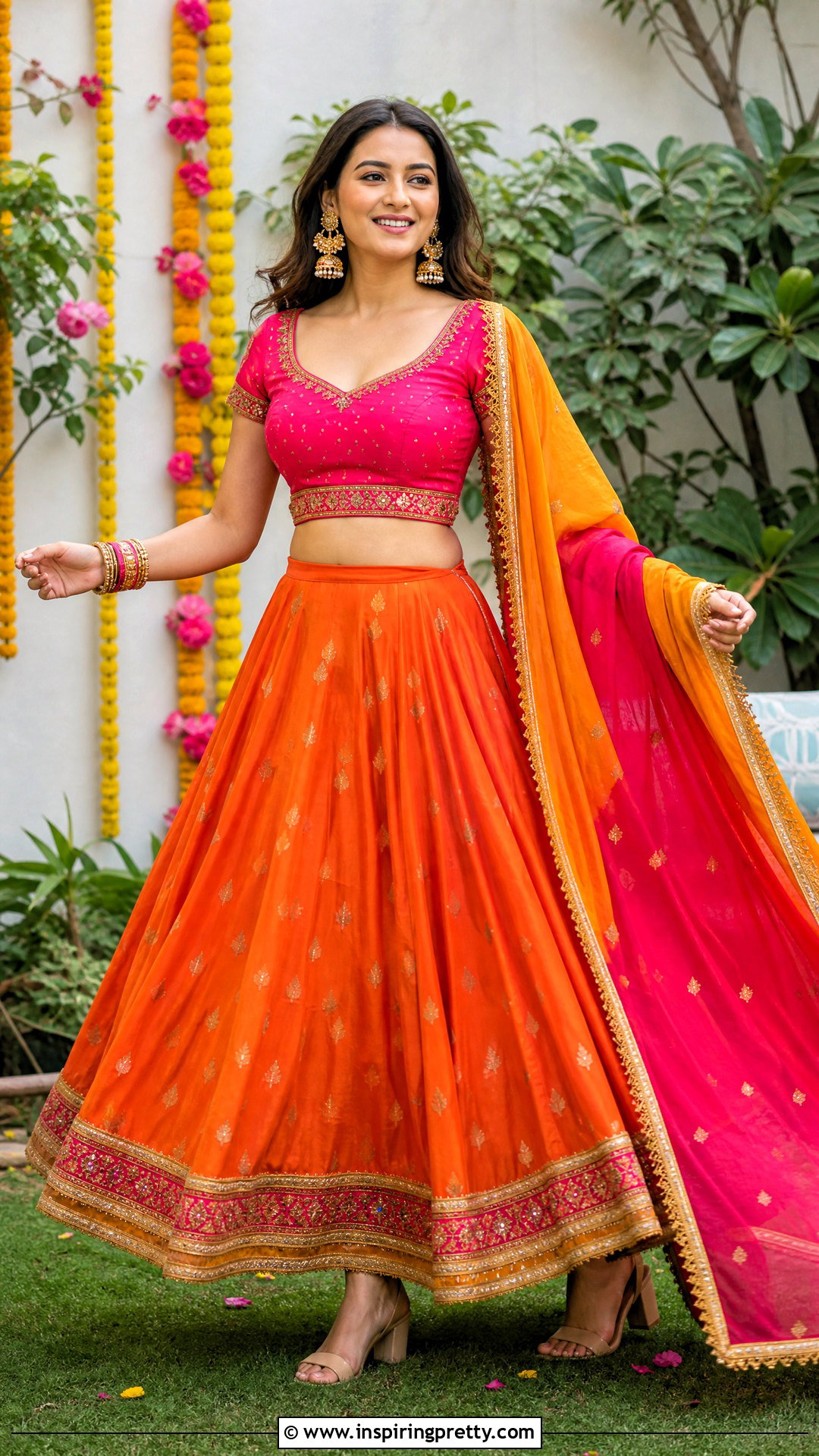 Orange Ethnic Skirt And Pink Top Outfit - 50 ethnic skirt and top outfit ideas