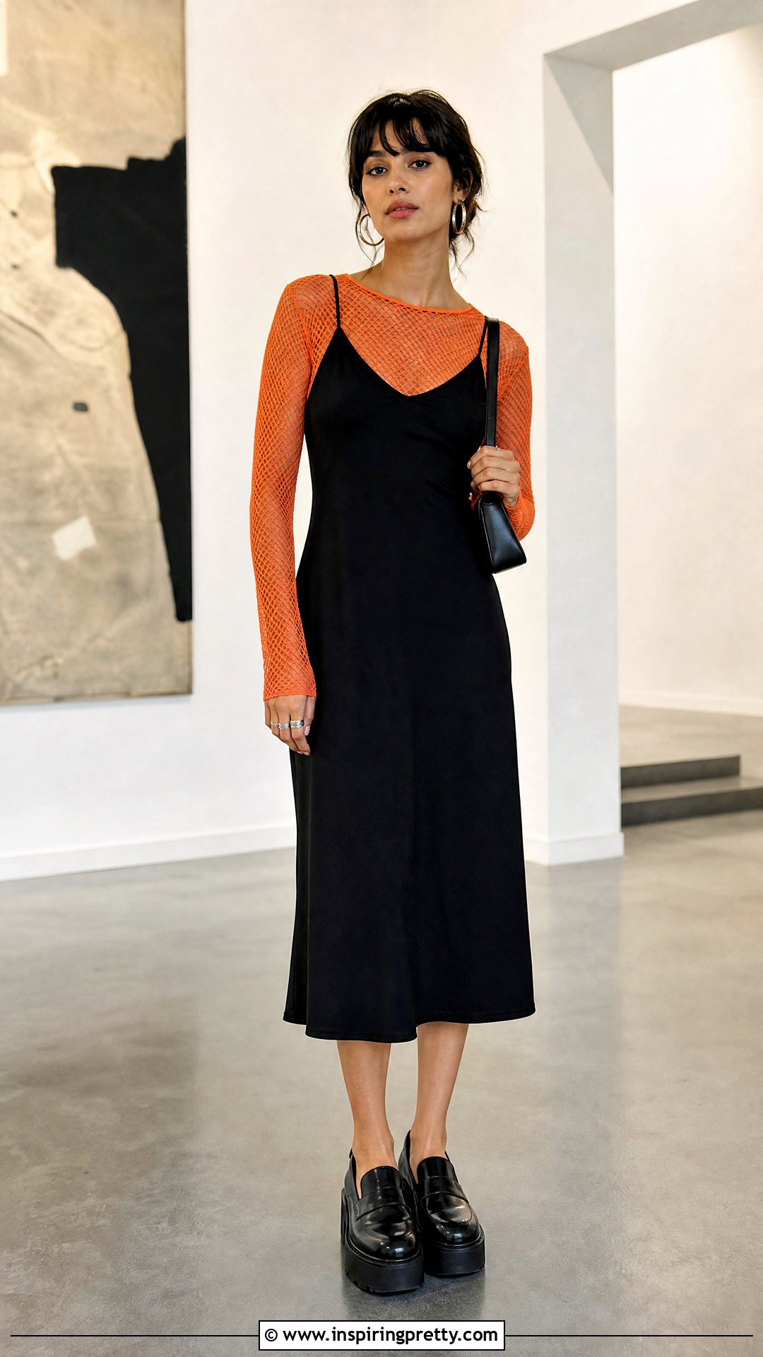 Orange Fishnet Top Under A Black Slip Dress - 25 orange fishnet top outfit ideas