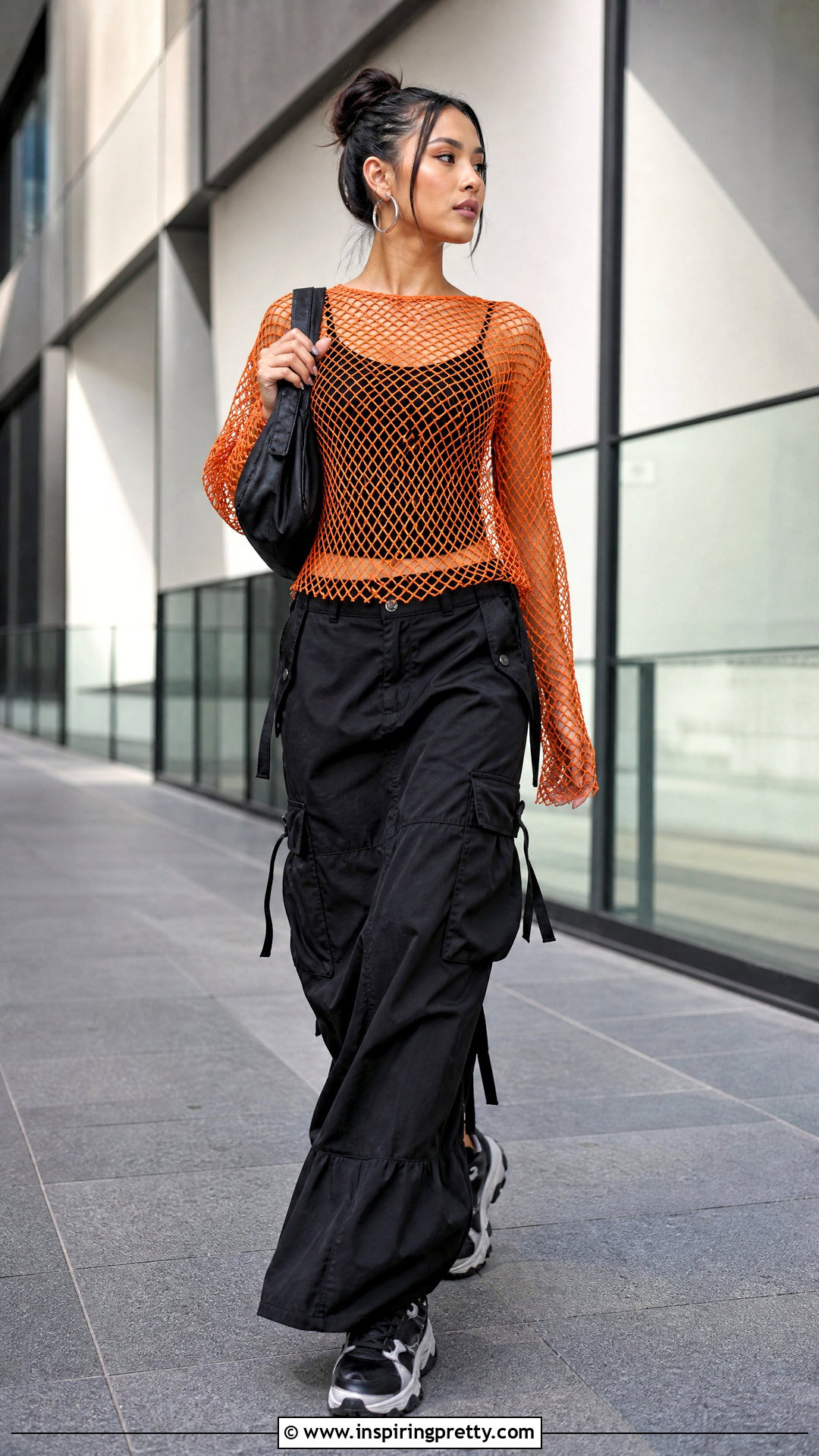 Orange Fishnet Top With Black Cargo Maxi Skirt - 25 orange fishnet top outfit ideas