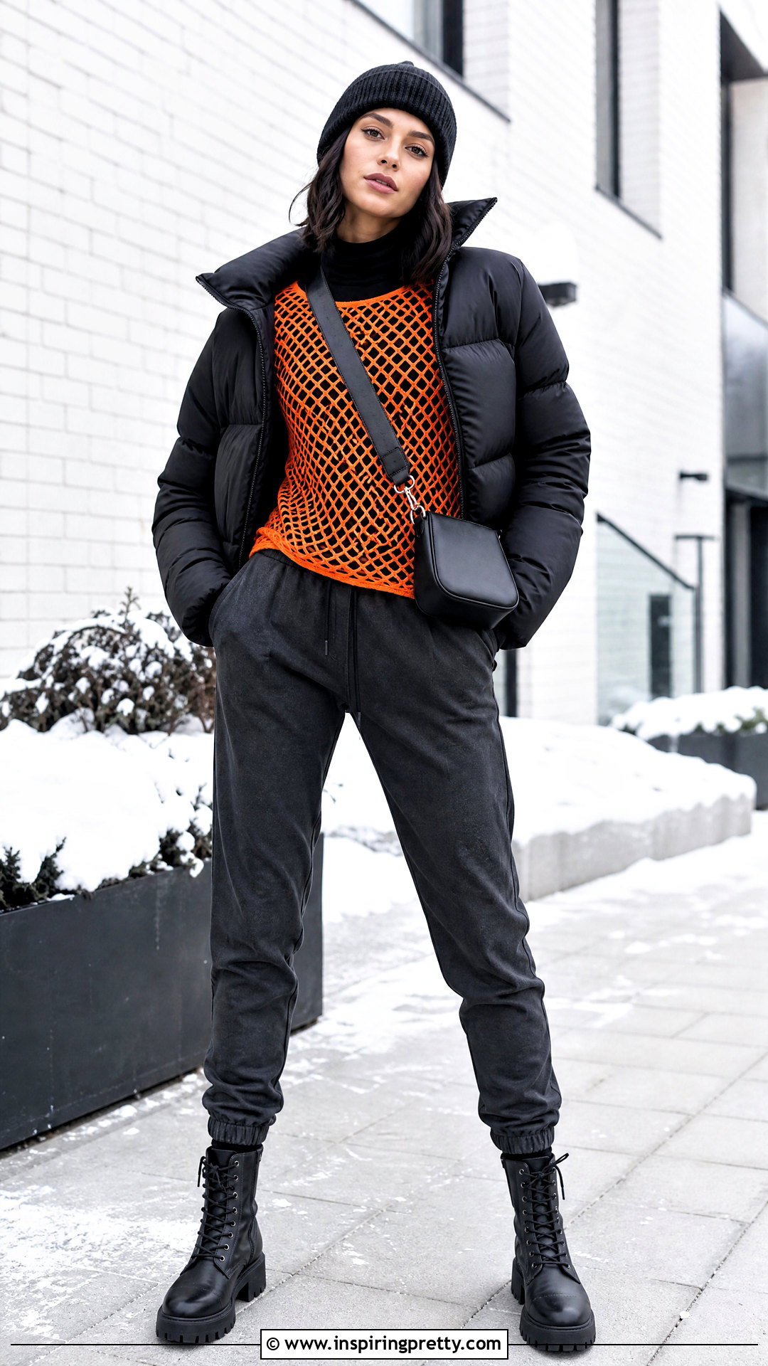 Orange Fishnet Top With Joggers And Puffer Jacket - 25 orange fishnet top outfit ideas