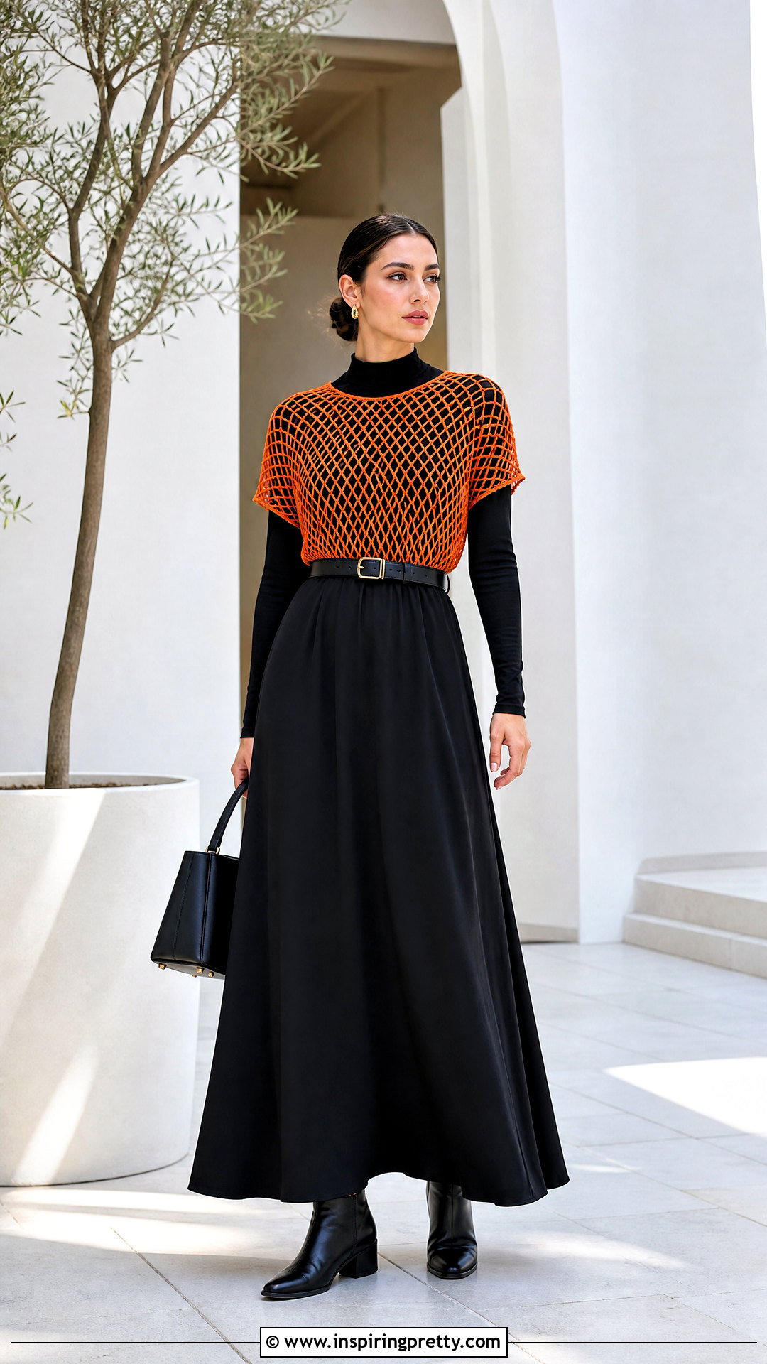 Orange Fishnet Top With Long Sleeve Base And Maxi Skirt - 25 orange fishnet top outfit ideas