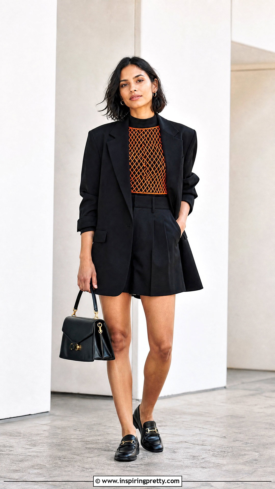Orange Fishnet Top With Tailored Shorts And Blazer - 25 orange fishnet top outfit ideas