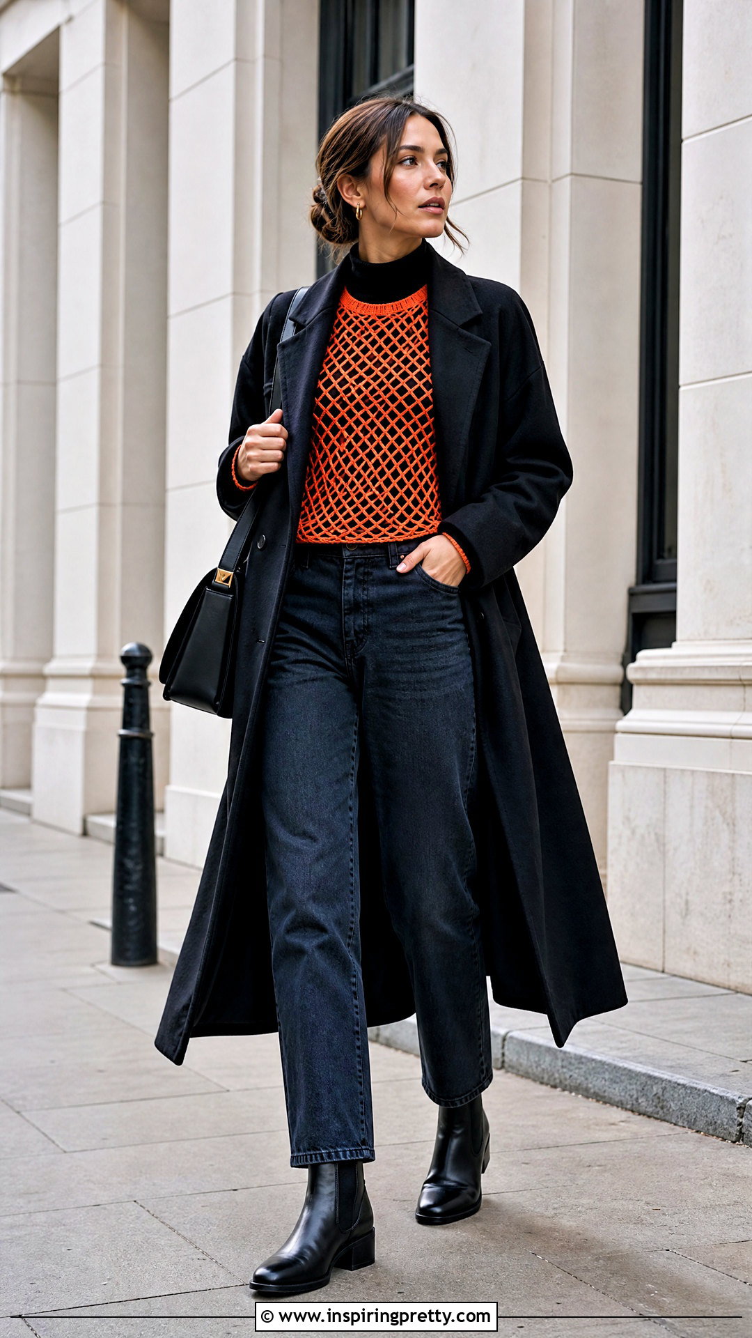 Orange Fishnet Top With Turtleneck And Dark Jeans - 25 orange fishnet top outfit ideas