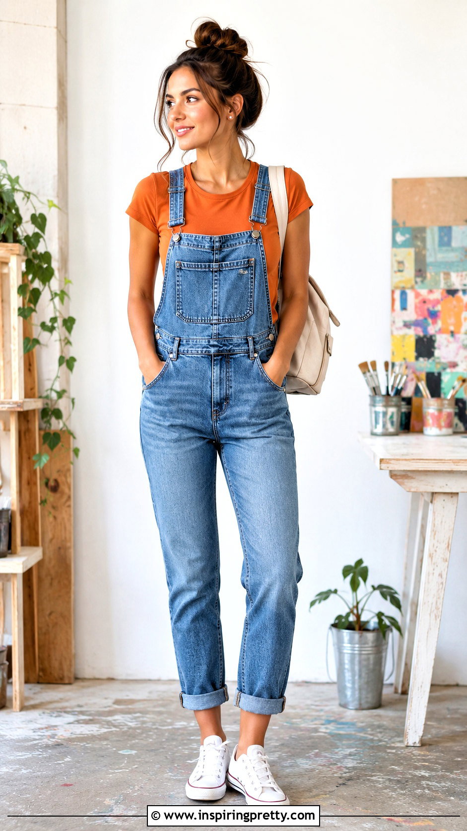 Orange Fitted T Shirt With Denim Overalls - 25 casual orange top outfit ideas