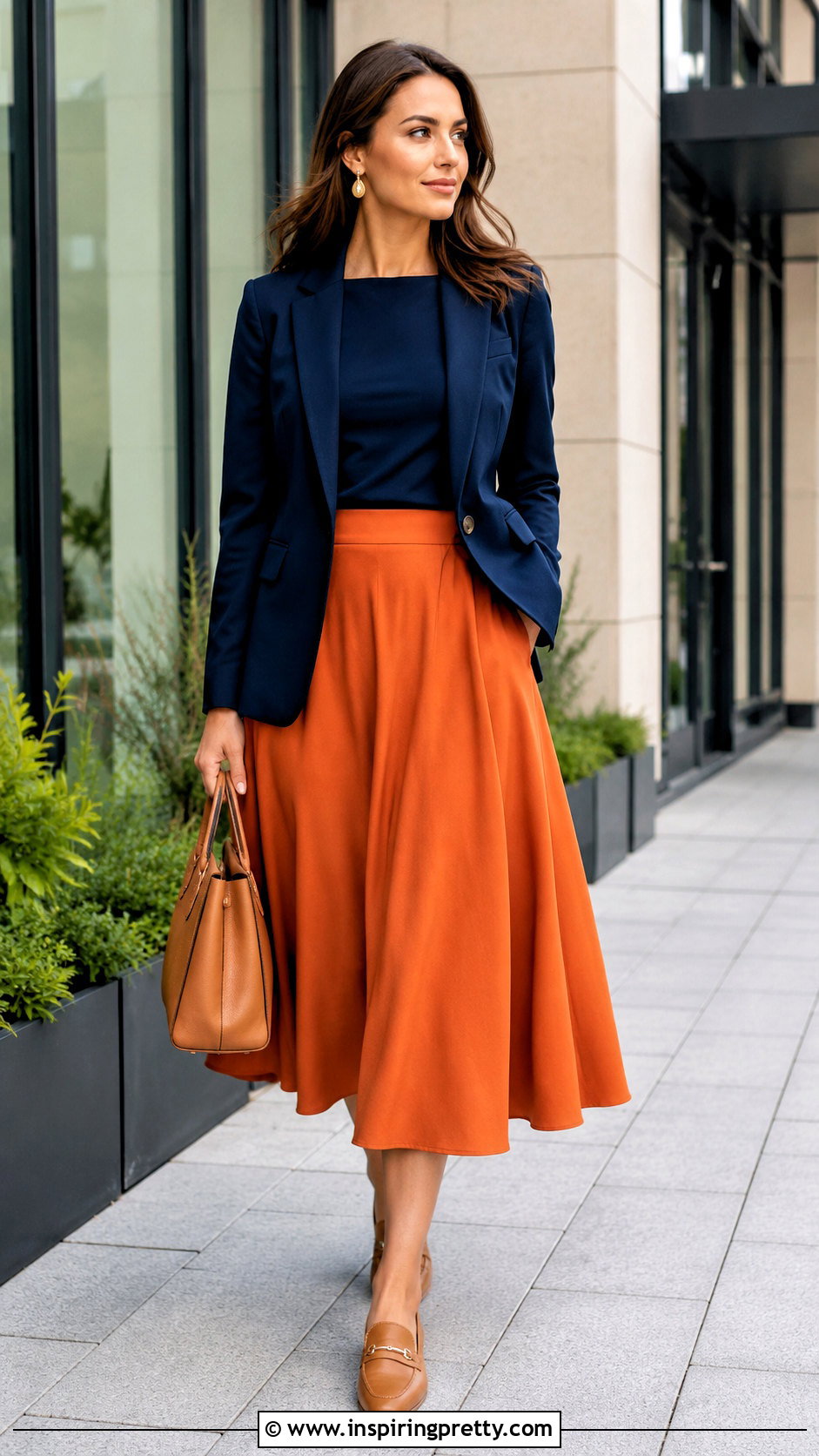 Orange Flare Skirt And Navy Top Outfit - 50 flay skirt and top outfit ideas