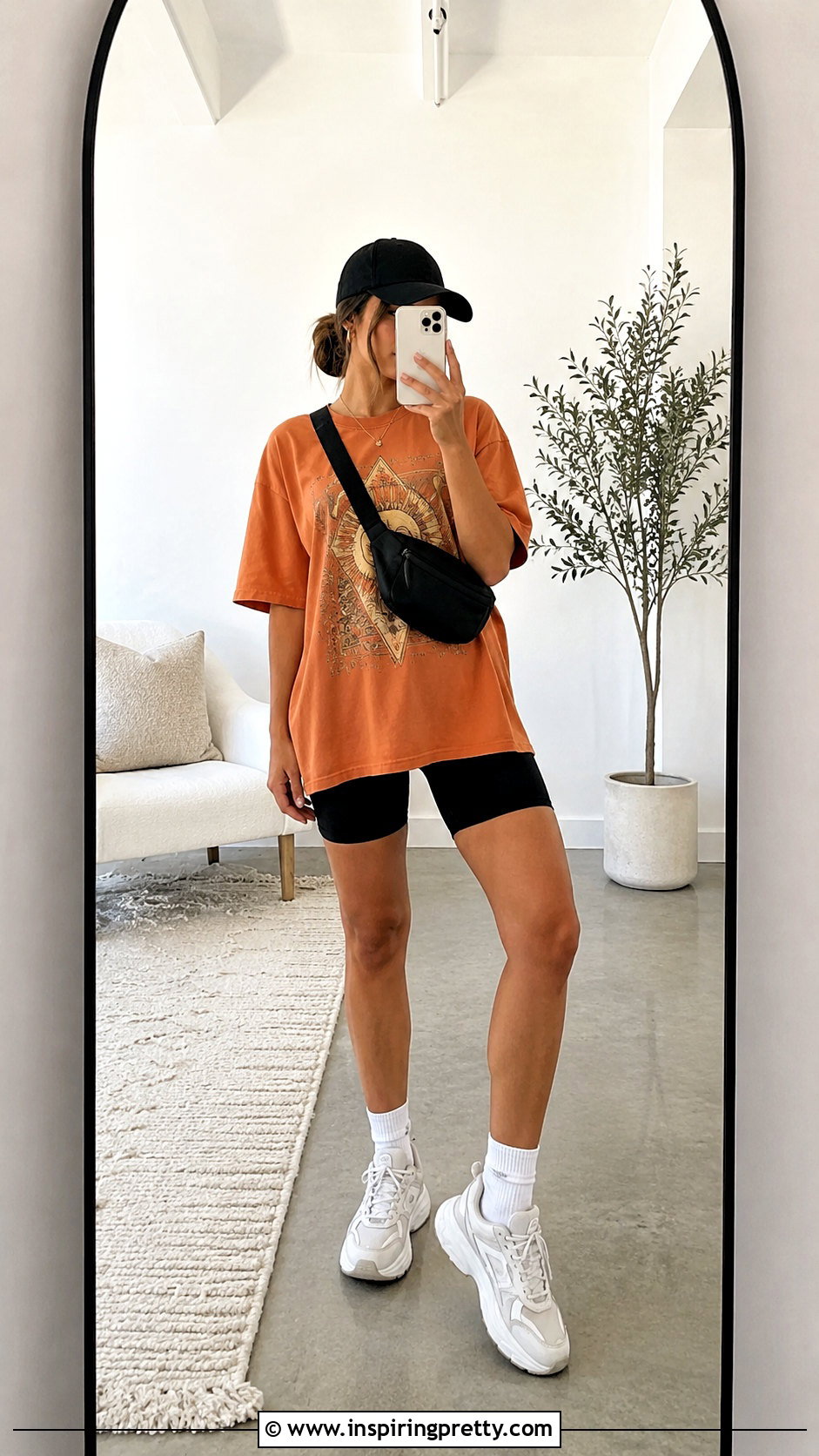 Orange Graphic T Shirt With Biker Shorts - 25 casual orange top outfit ideas