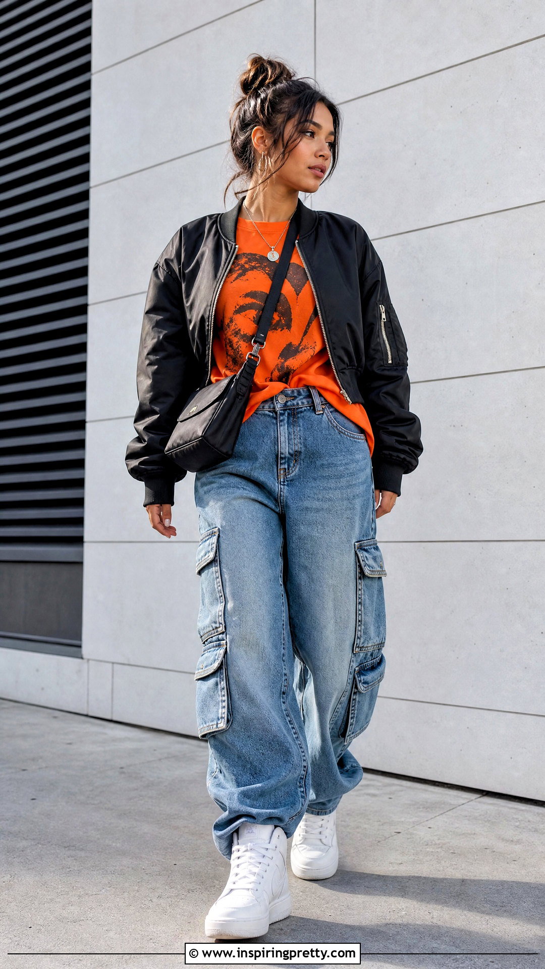 Orange Graphic Tee With Cargo Jeans - 50 orange tops outfit ideas
