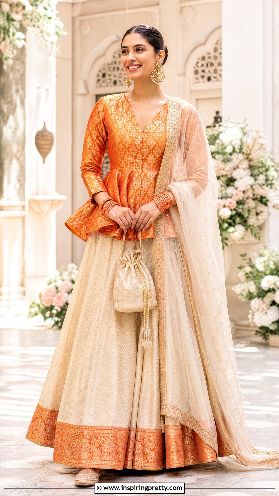 Orange Indian Peplum Top With Cream Lehenga - 50 indian peplum top outfits