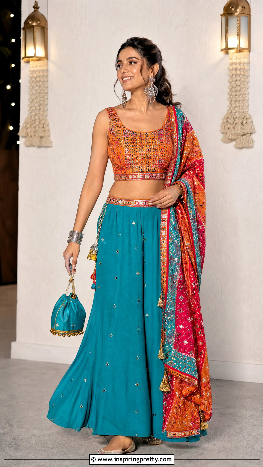 Orange Kediyu With Teal Palazzo Pants - 50 Kediyu Top For Navratri outfit ideas
