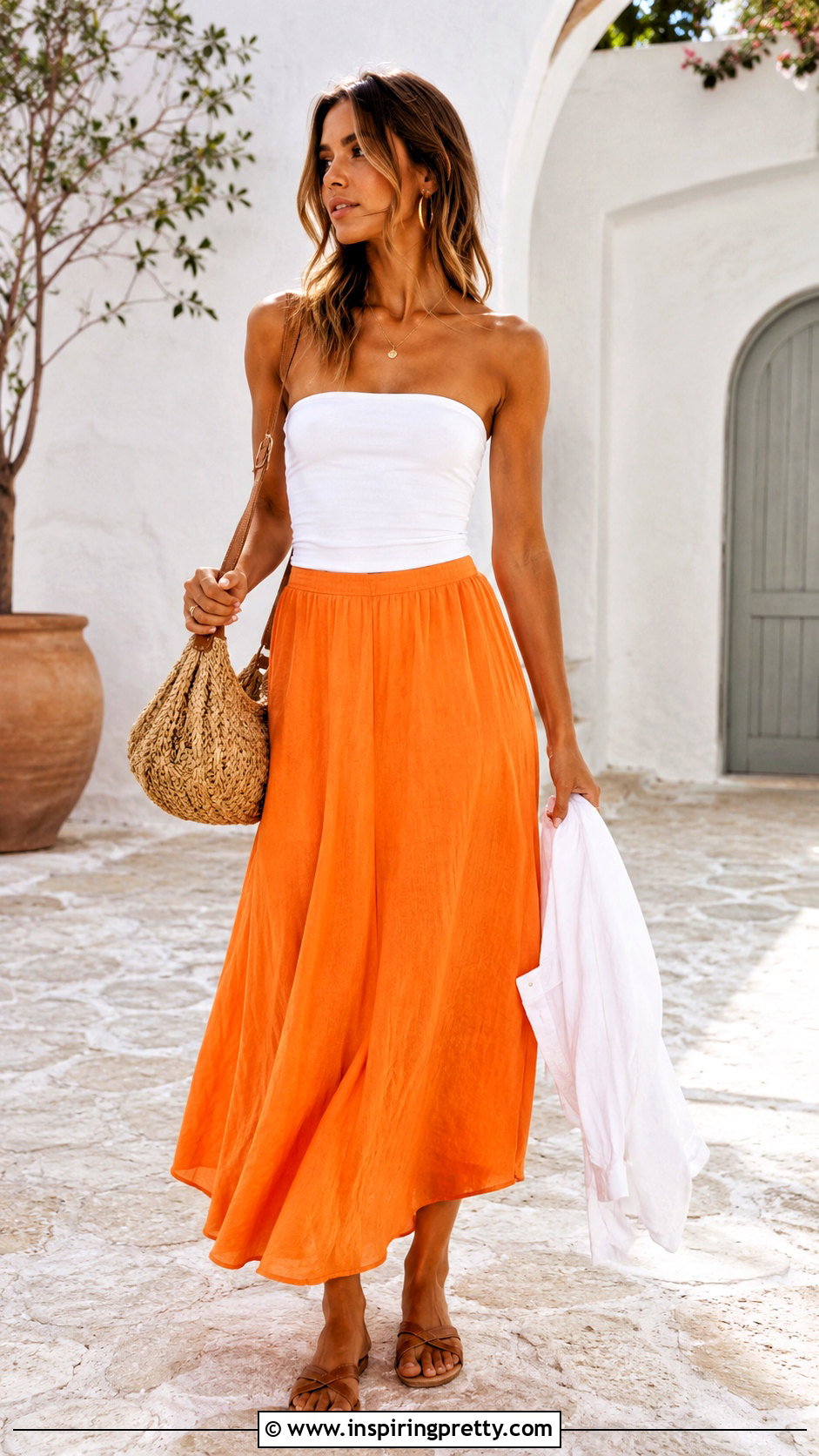 Orange Midi Skirt And White Tube Top Outfit - 25 Midi Skirt And Tube Top Outfit ideas