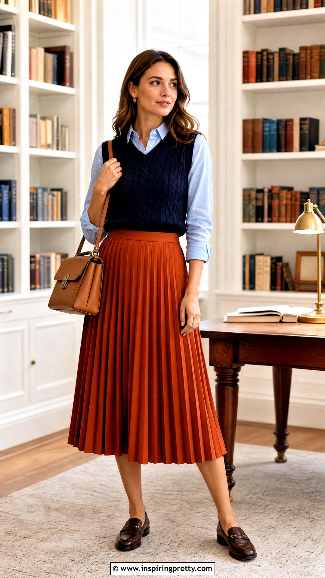 Orange Midi Skirt With Navy Sweater Vest - 25 Orange Skirt With Blue Top outfit ideas
