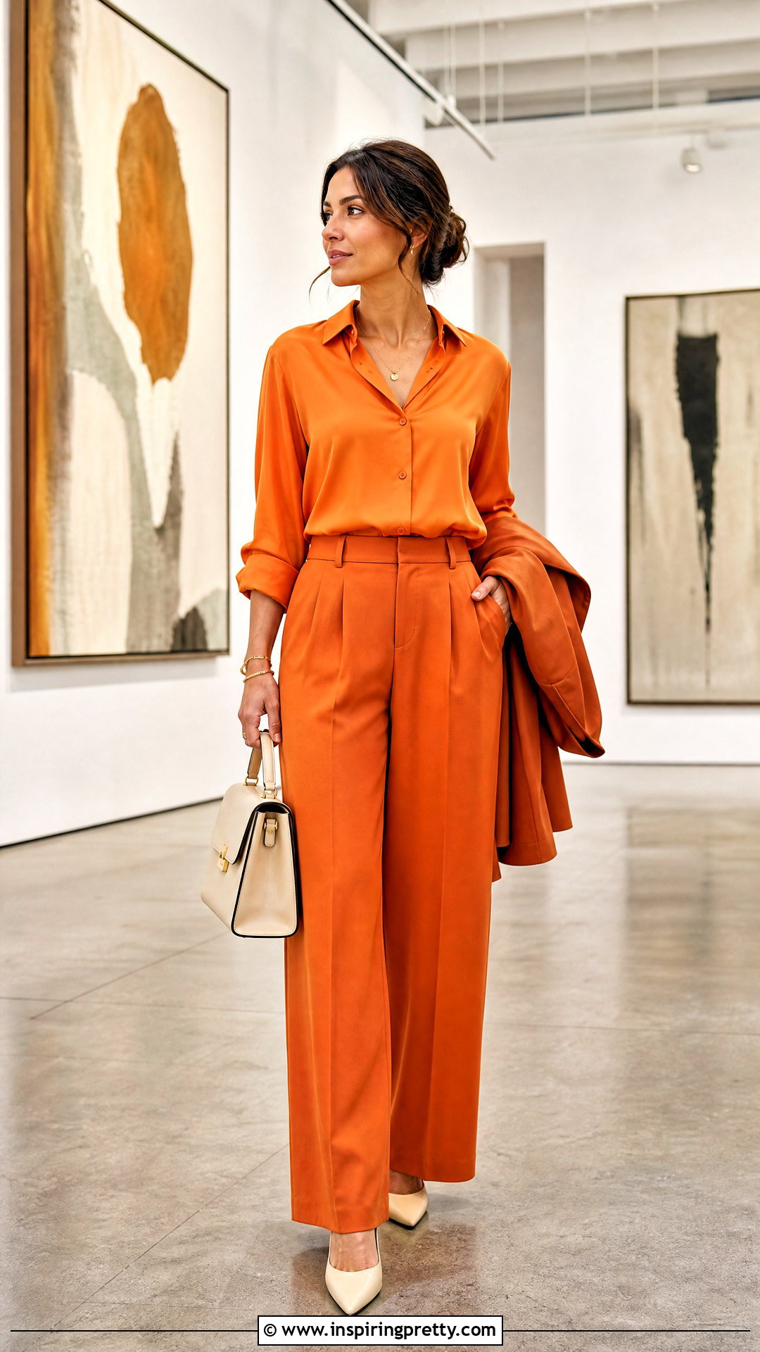 Orange Monochrome Top And Pants - 50 orange tops outfit ideas