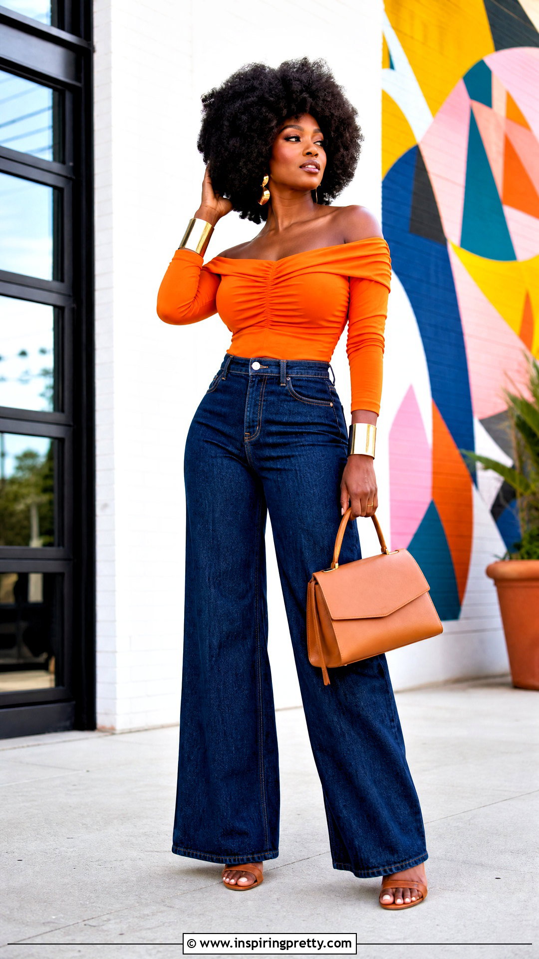 Orange Off Shoulder Top With Afro and Dark Denim - 50 hairstyle for off shoulder top outfit ideas