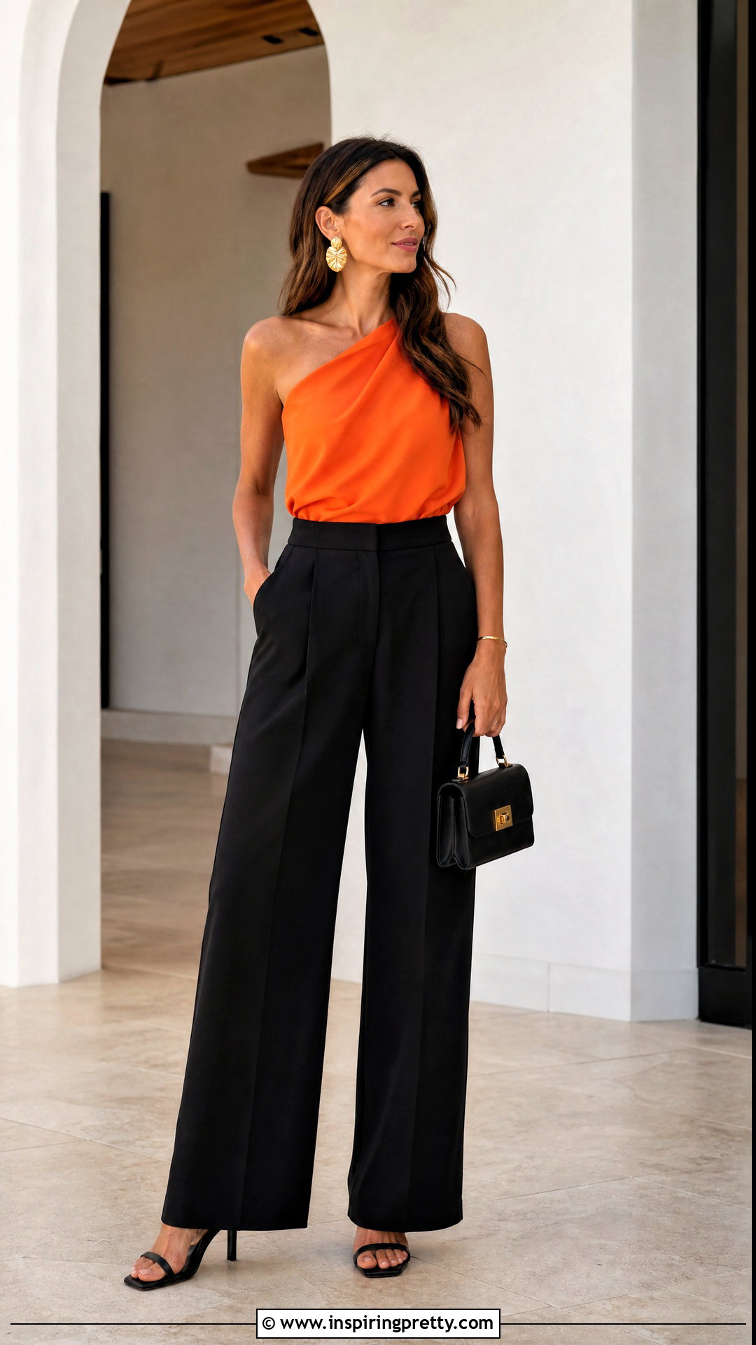 Orange One Shoulder Top With Black Trousers - 50 orange tops outfit ideas