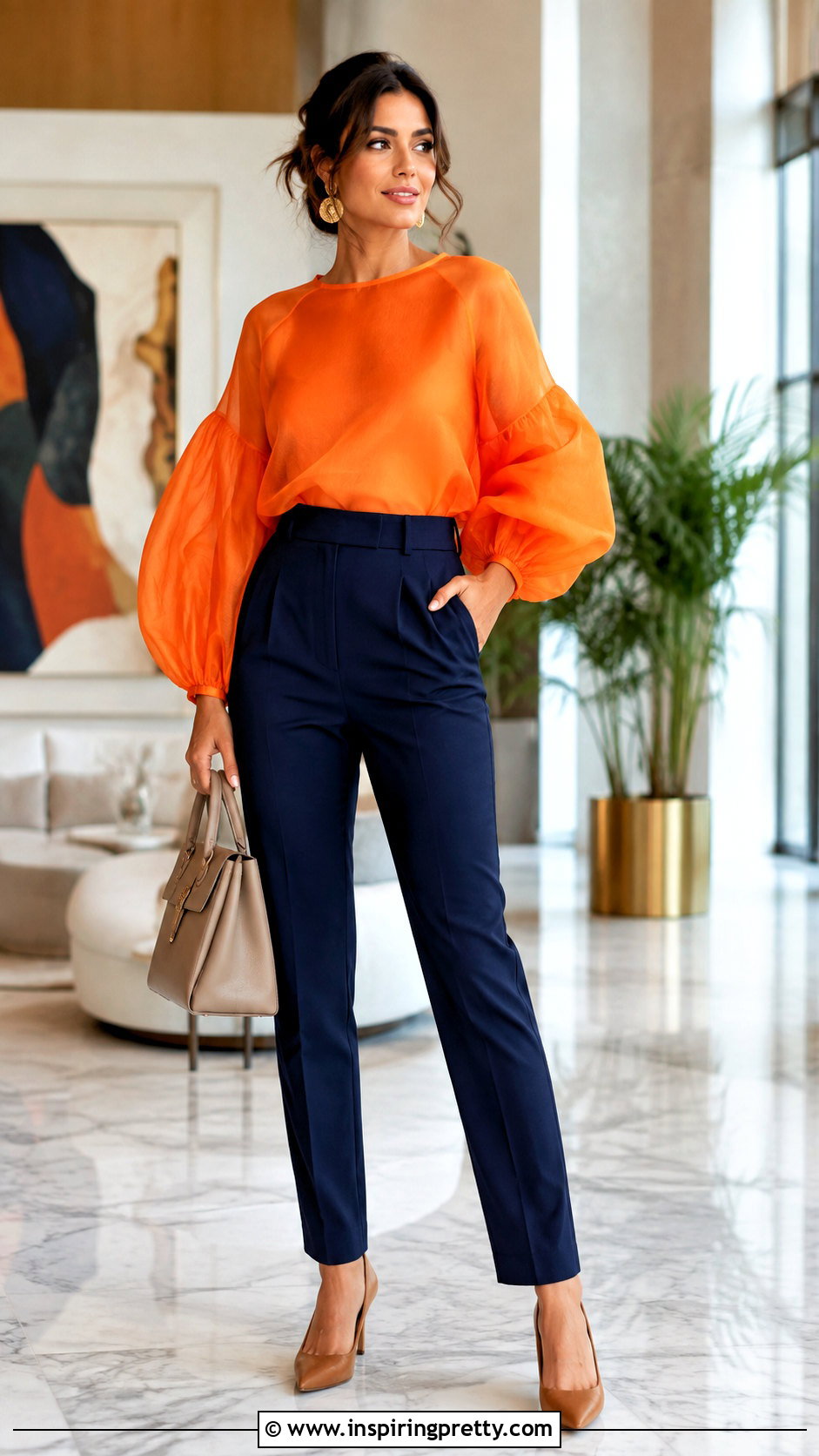 Orange Organza Top With Navy Trousers - 50 Organza Top Outfit ideas