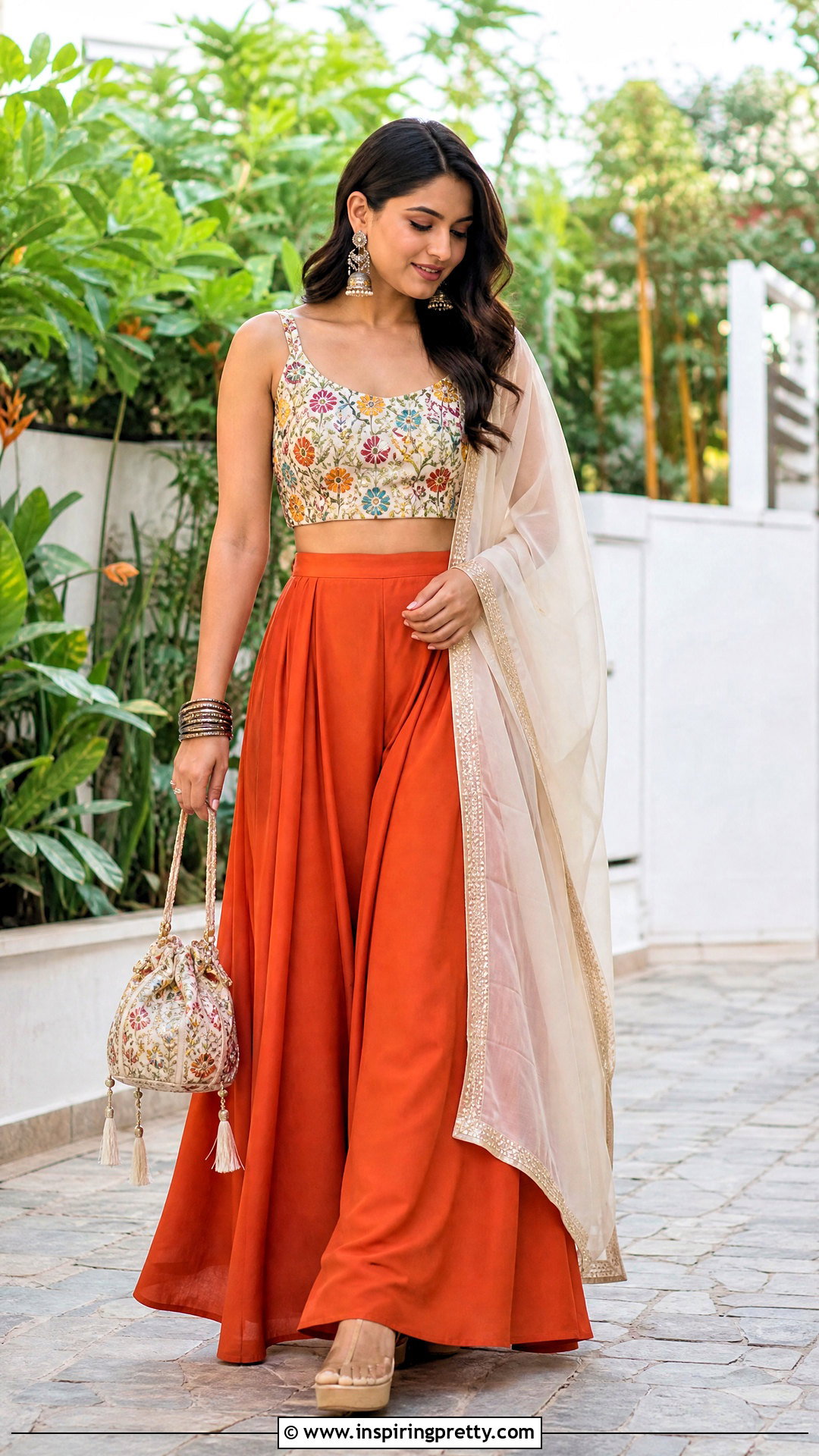 Orange Palazzo With Printed Crop Top And Dupatta - 20 plazzo with crop top and dupatta outfit ideas