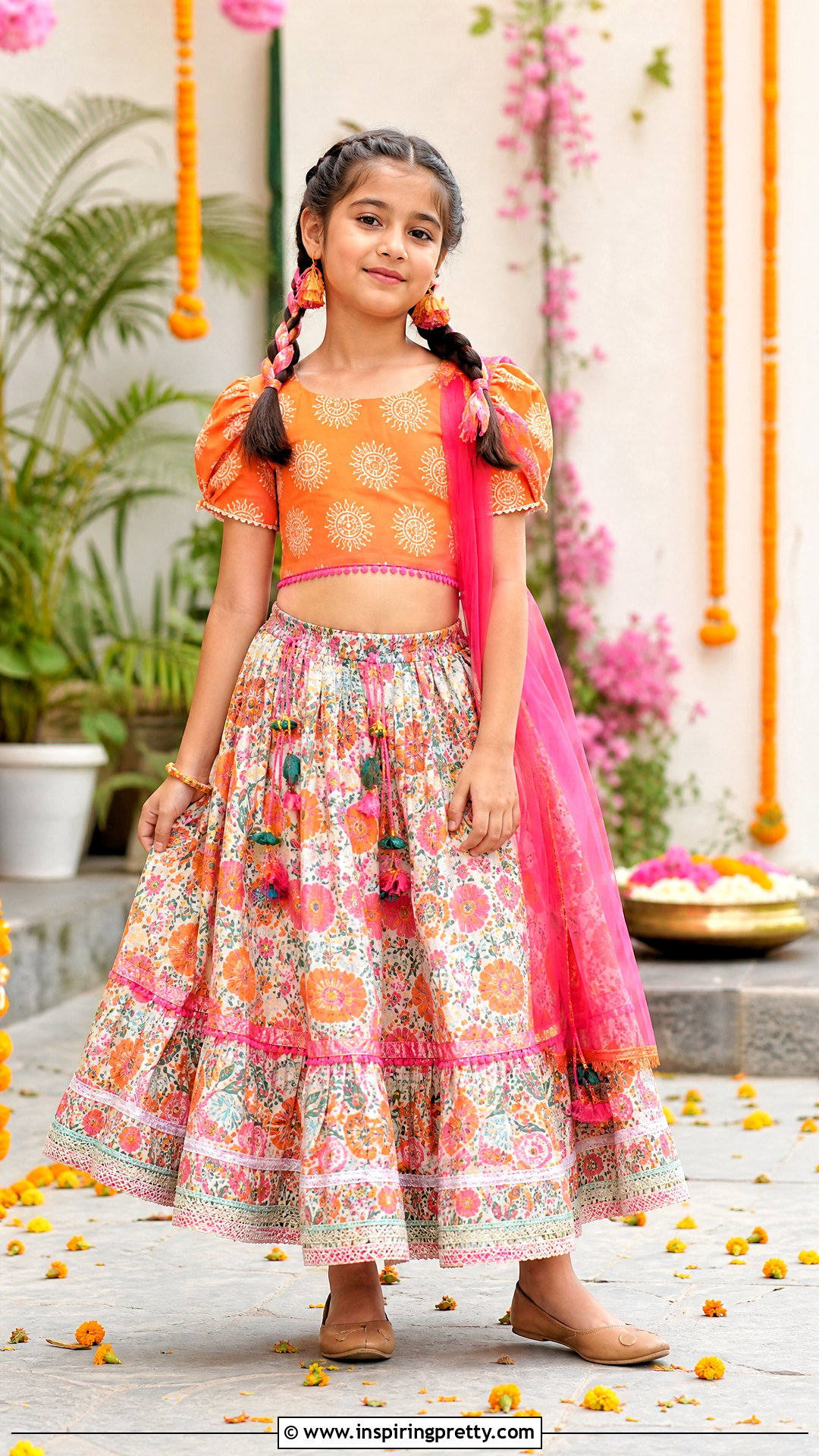 Orange Printed Kids Crop Top Lehenga - 50 kids crop top lehenga designs