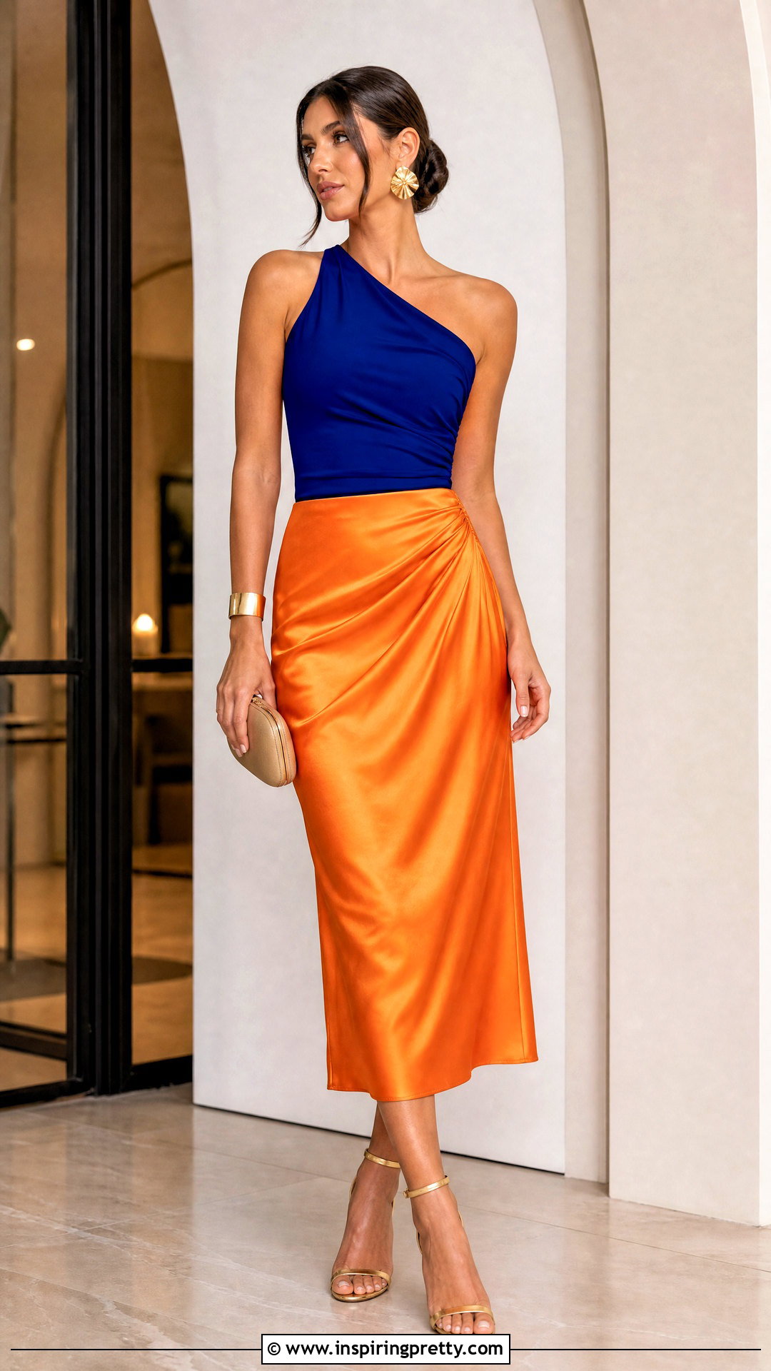 Orange Satin Skirt With Royal Blue One Shoulder Top - 25 Orange Skirt With Blue Top outfit ideas