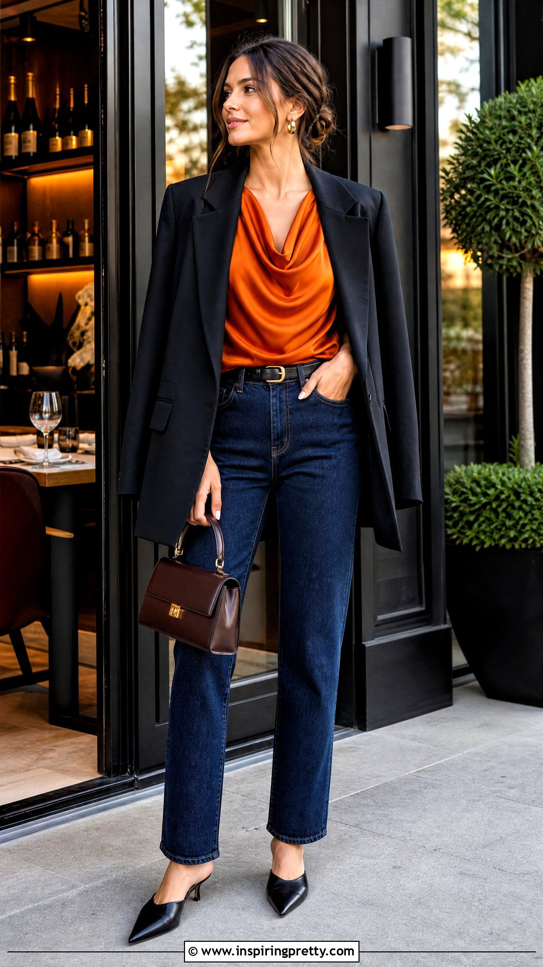 Orange Satin Top With Dark Jeans - 50 orange tops outfit ideas