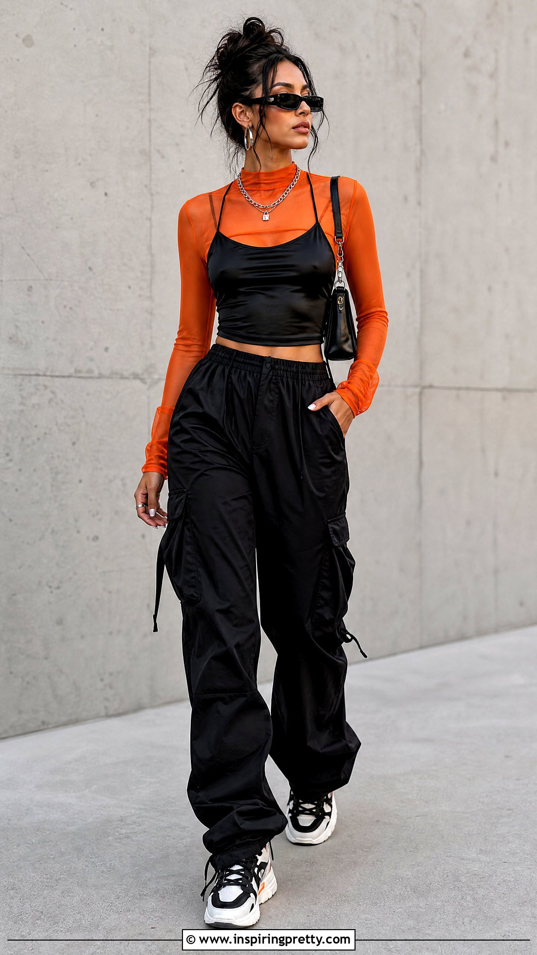 Orange Sheer Top With Black Camisole And Cargos - 50 orange top outfit ideas