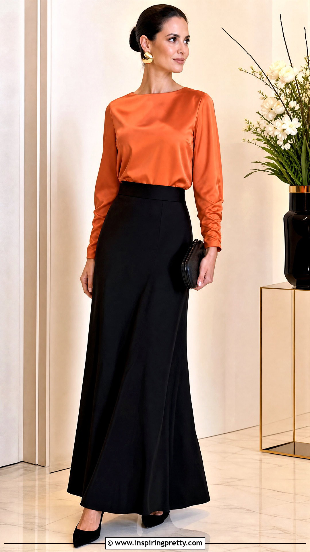 Orange Silk Top With Black Maxi Skirt - 20 orange silk tops outfit ideas