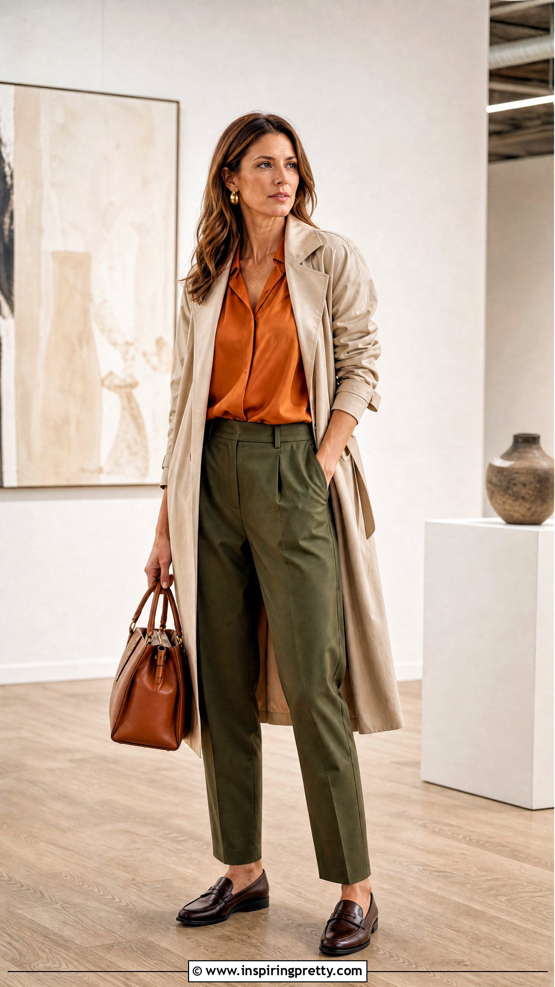 Orange Silk Top With Olive Green Trousers - 20 orange silk tops outfit ideas