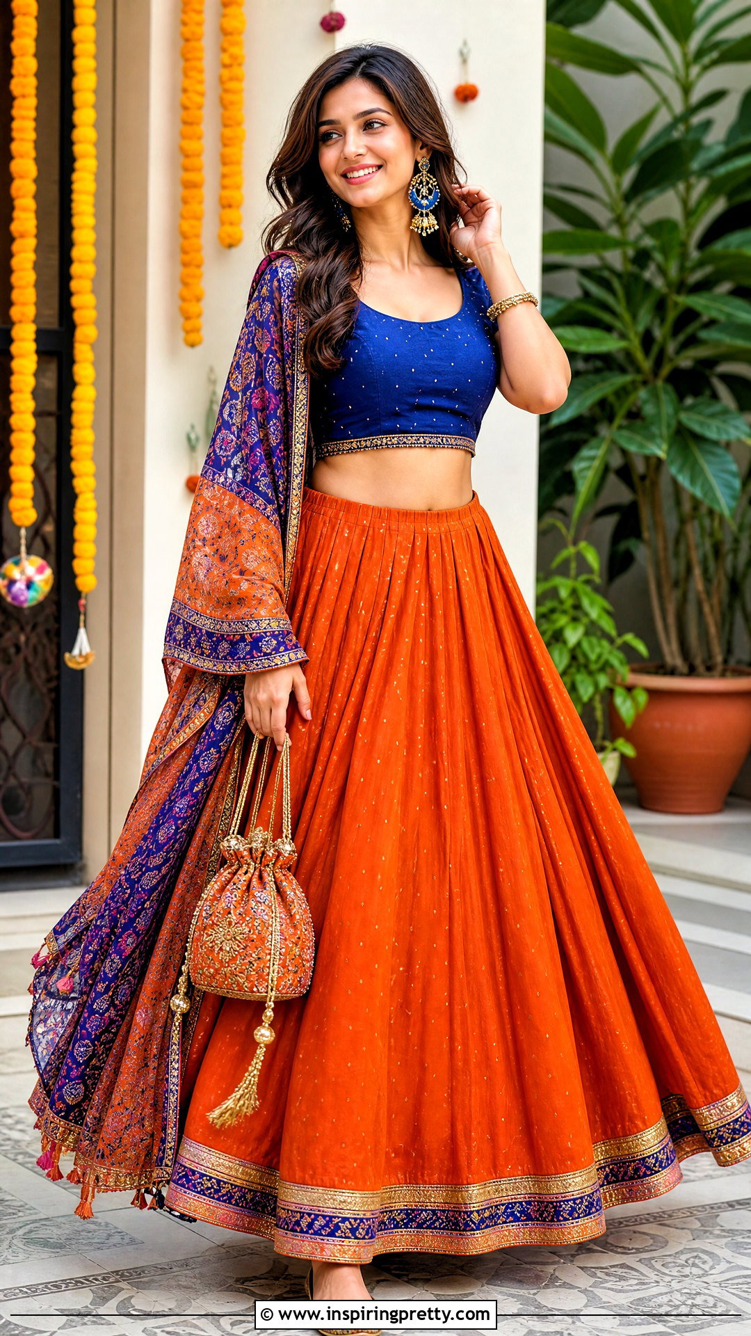 Orange Skirt And Blue Crop Top Outfit - 50 traditional skirt and top outfit ideas