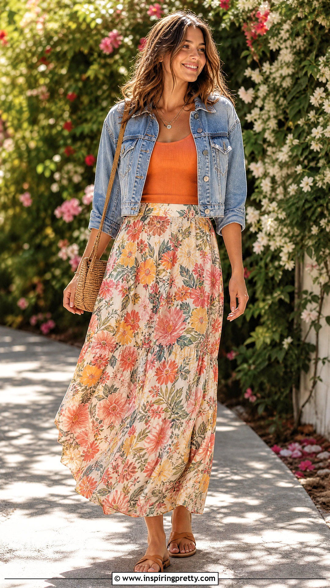 Orange Tank Top With Floral Maxi Skirt - 50 orange tank top outfit ideas