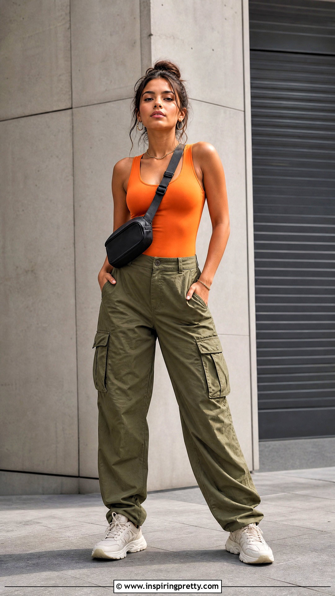 Orange Tank Top With Olive Cargo Pants - 50 orange tank top outfit ideas