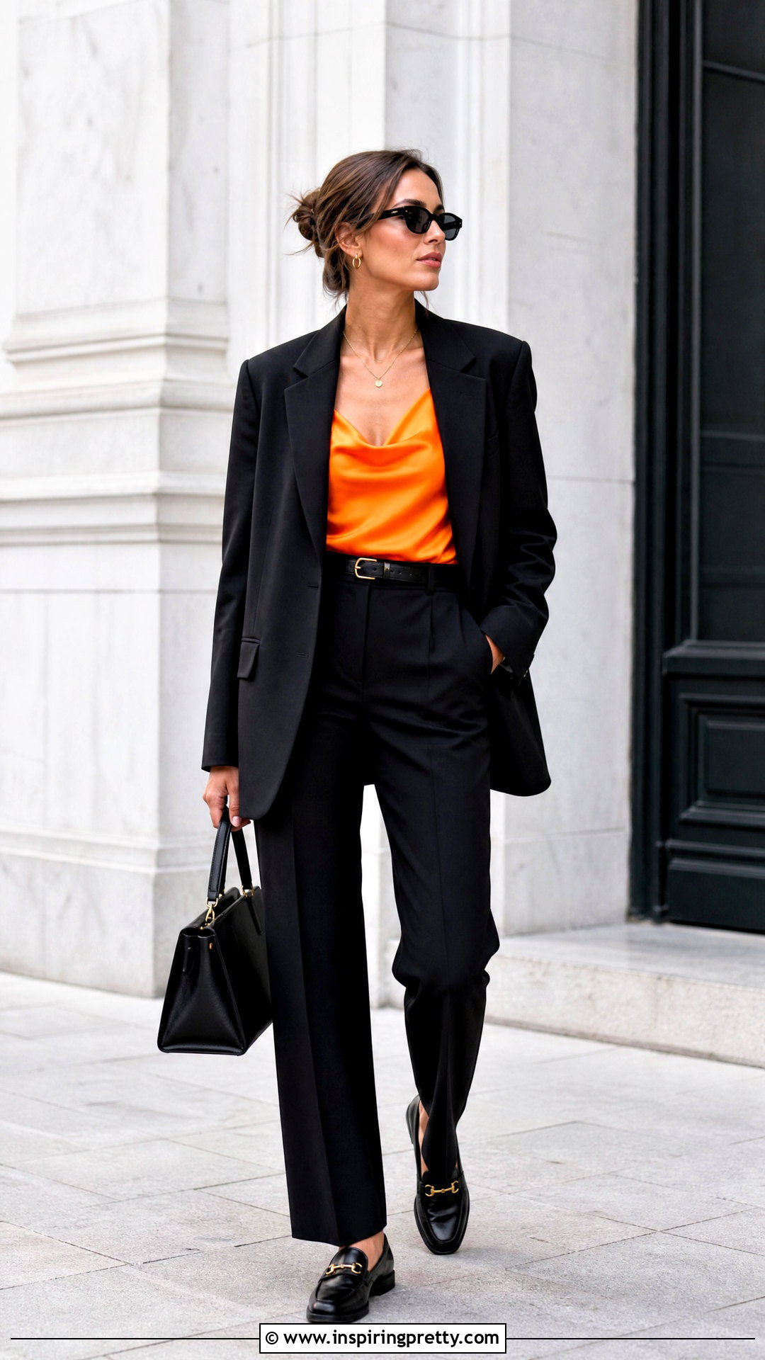 Orange Top With Black Blazer - 50 orange tops outfit ideas