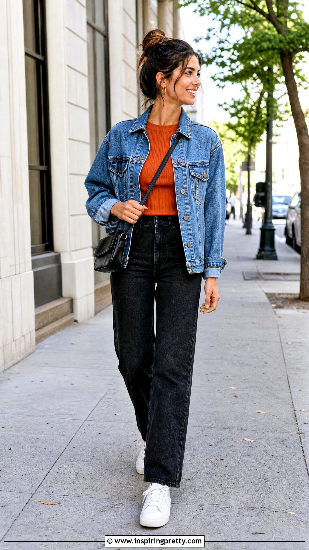 Orange Top With Denim Jacket And Black Jeans - 50 orange top outfit ideas