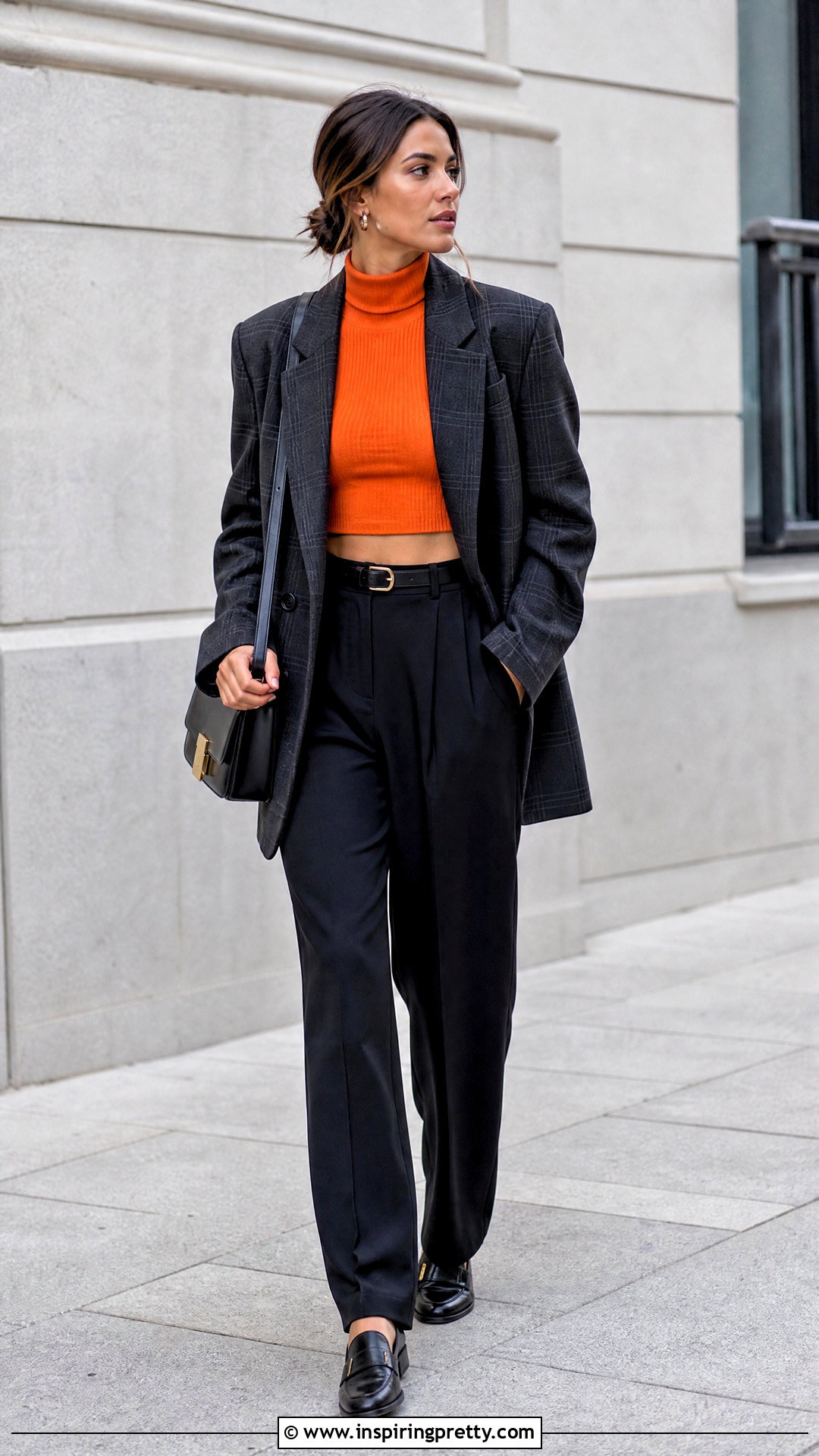 Orange Turtleneck Crop Top With Oversized Blazer - 20 orange turtleneck crop top outfit ideas