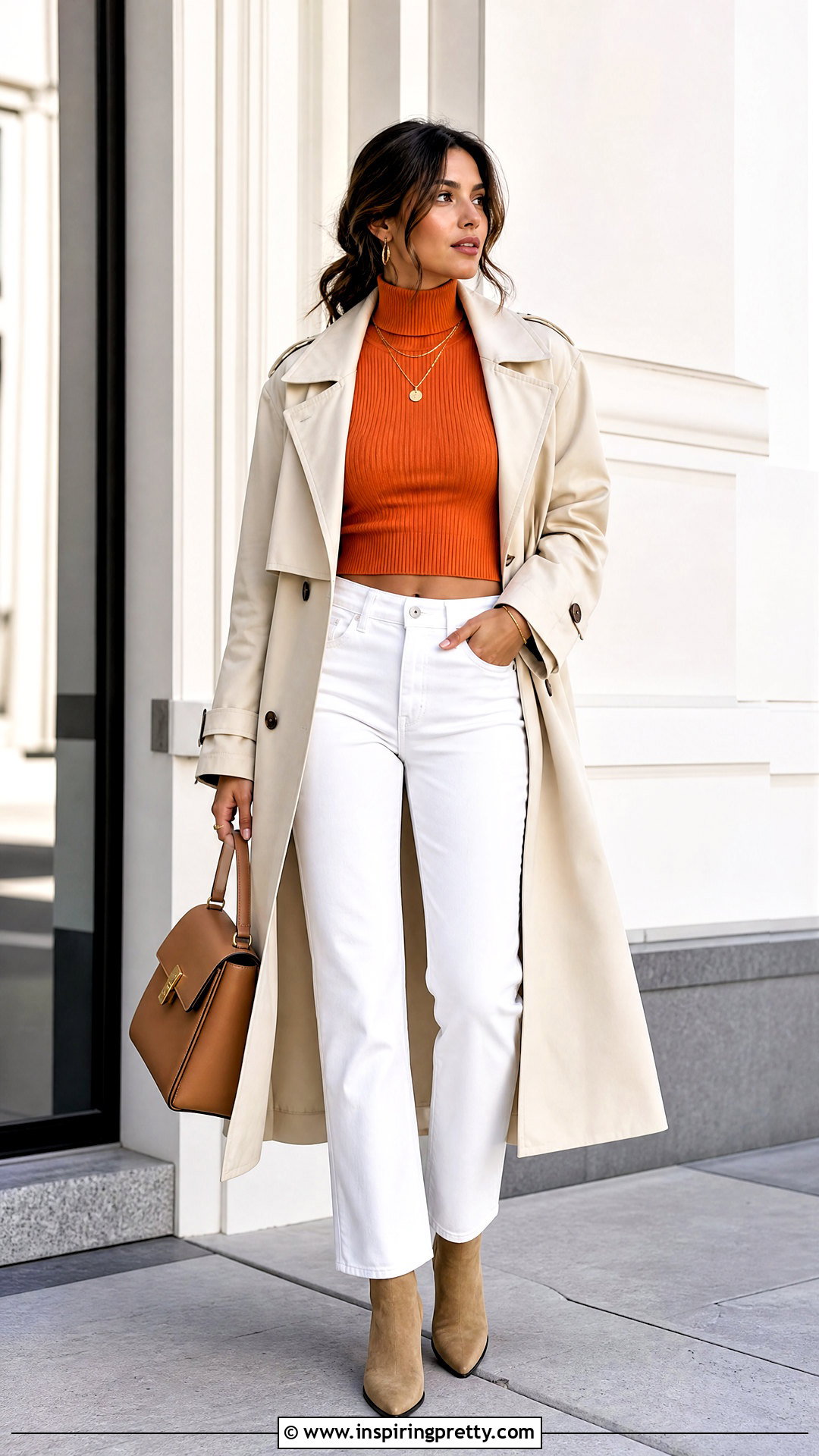 Orange Turtleneck Crop Top With White Jeans - 20 orange turtleneck crop top outfit ideas