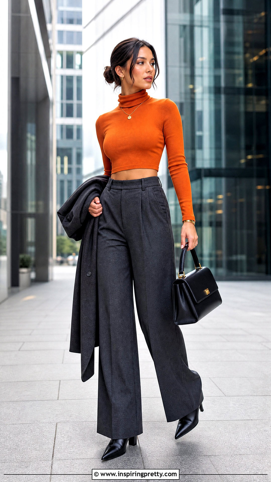 Orange Turtleneck Crop Top With Wide Leg Trousers - 20 orange turtleneck crop top outfit ideas