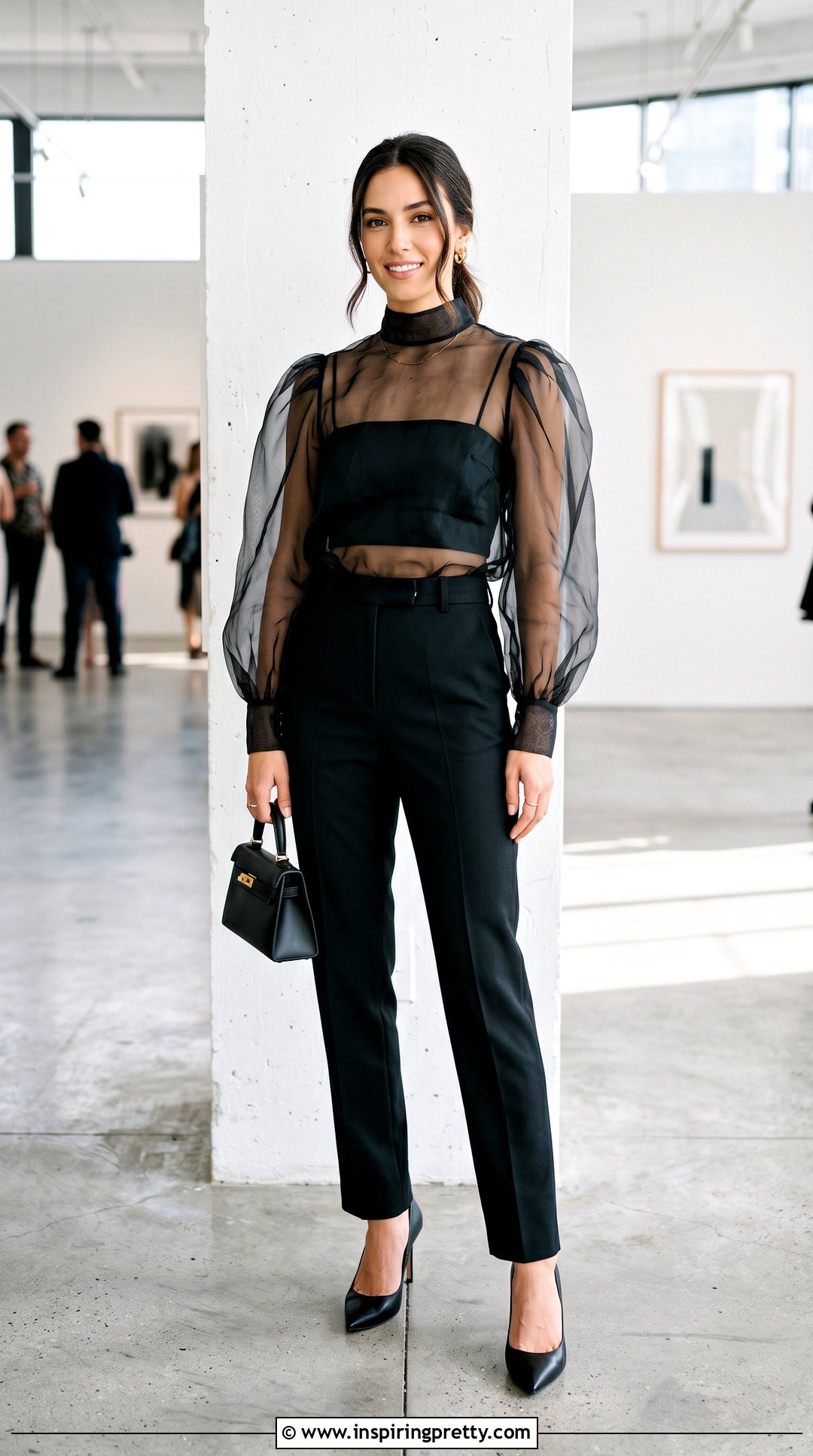 Organza Blouse With Bralette And Trousers - 50 going out tops outfit ideas