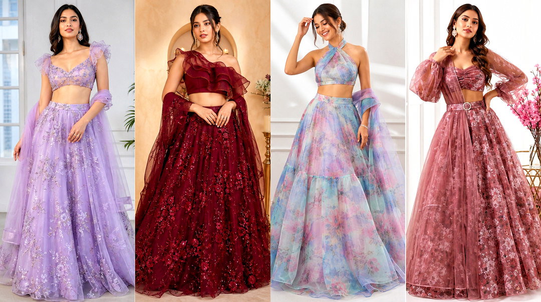 50 Organza Crop Top Lehenga Outfit Ideas for Wedding Glam