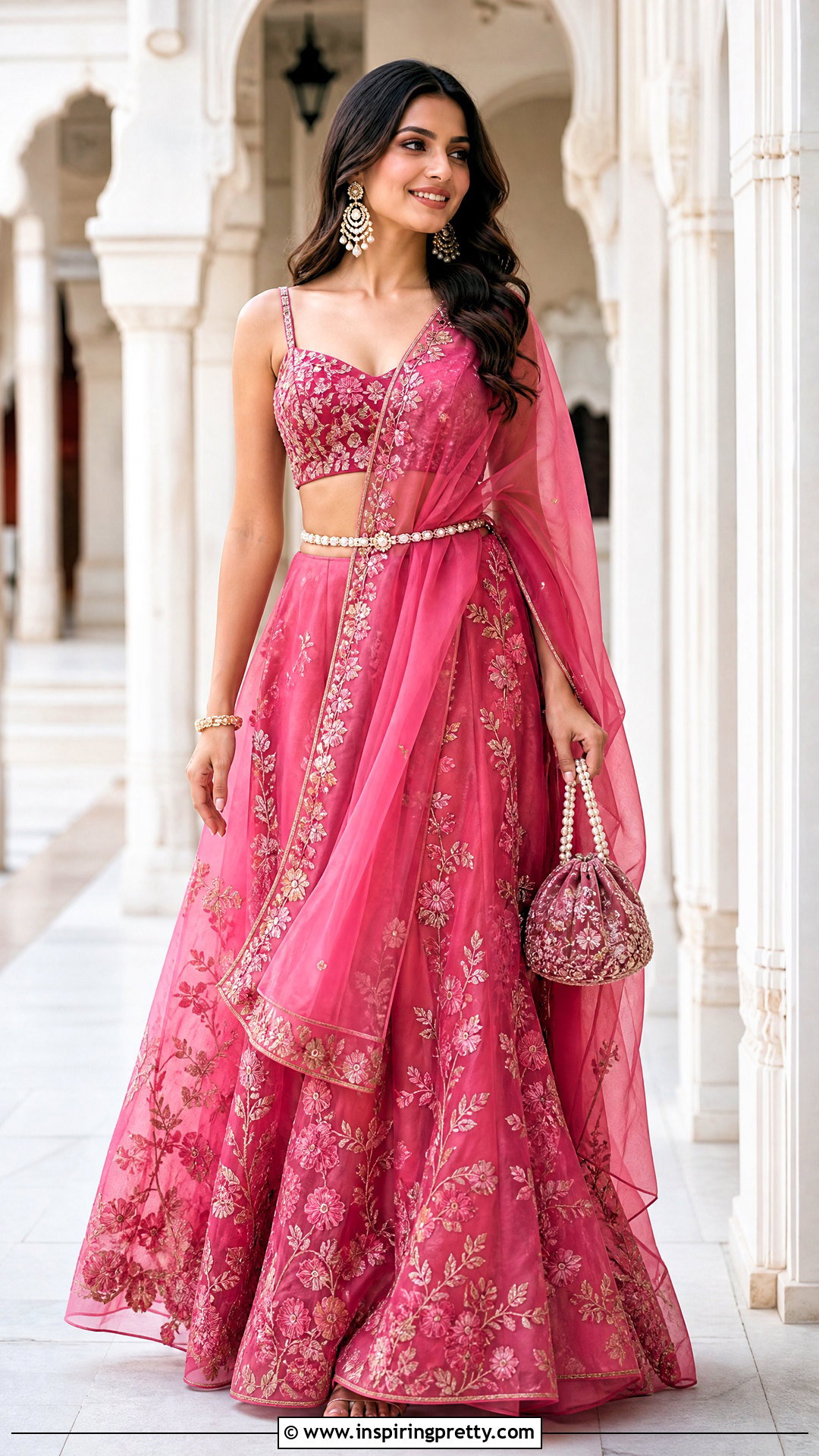 Organza Crop Top Lehenga With Belted Dupatta - 50 organza crop top lehenga outfit ideas