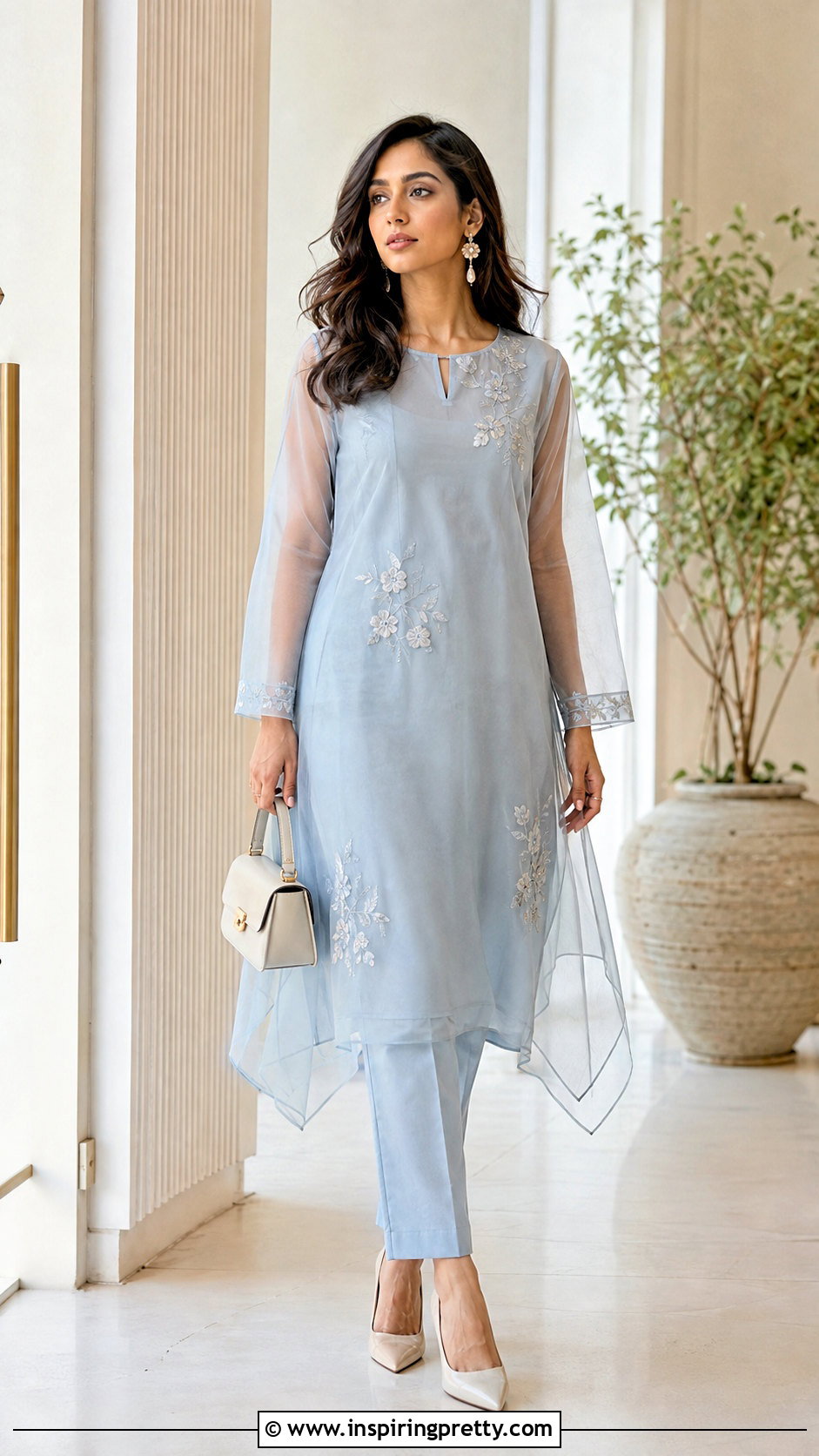 Organza Kurti Top With Layered Trousers - 50 kurti top designs for women