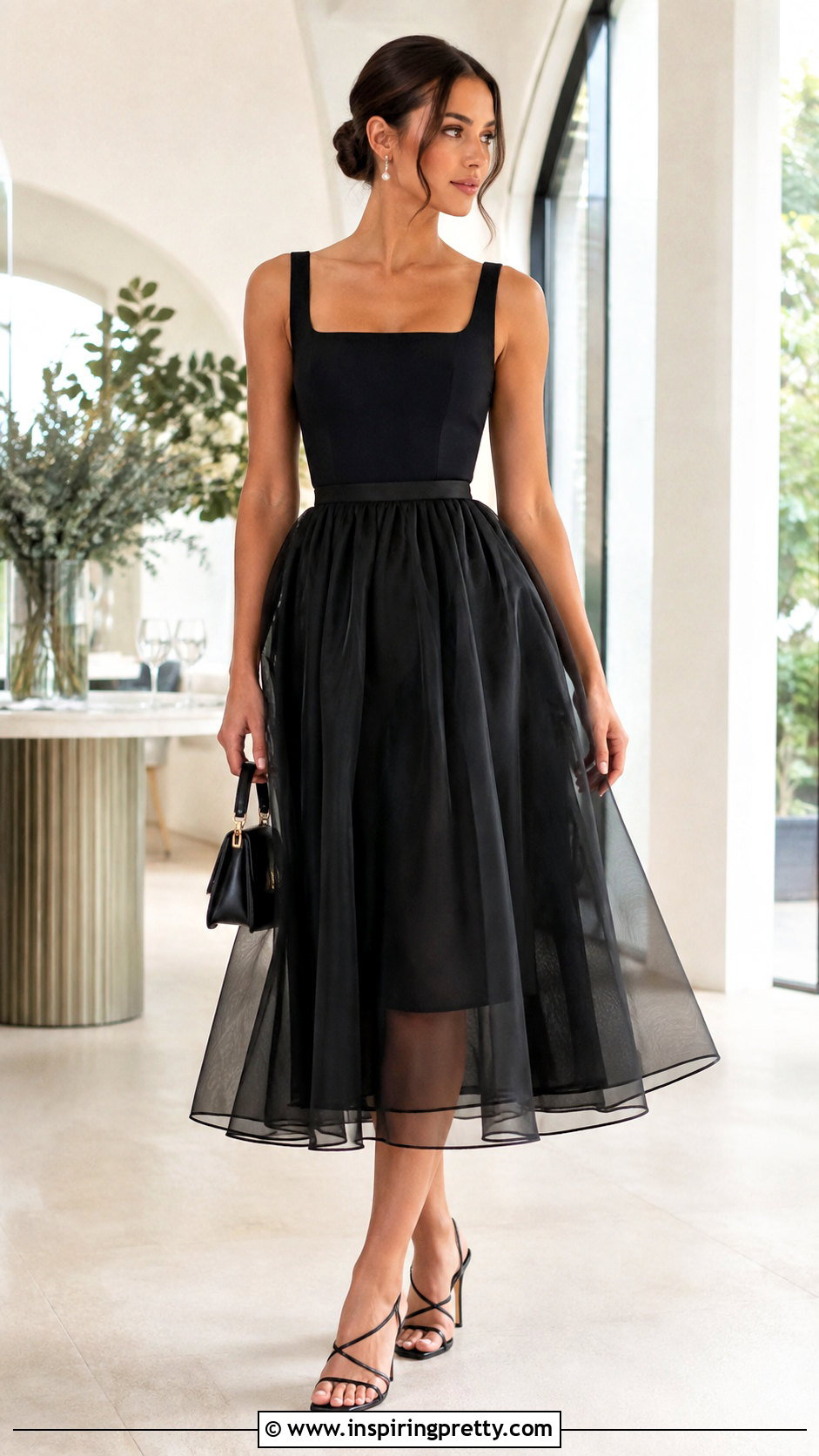 Organza Midi Skirt And Square Neck Top Party Outfit - 50 skirt and top party wear outfits