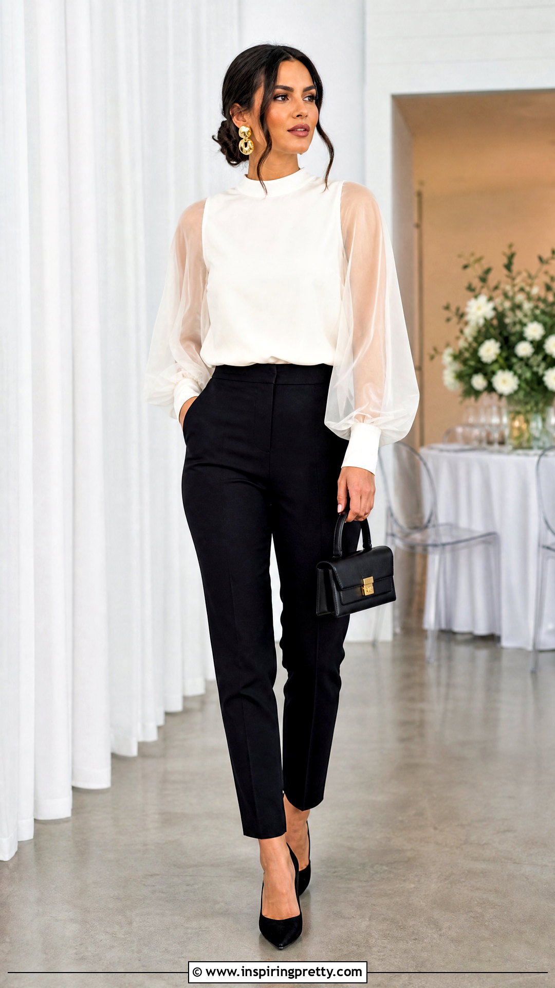 Organza Sleeve Top With Slim Trousers - 50 elegant tops outfit ideas